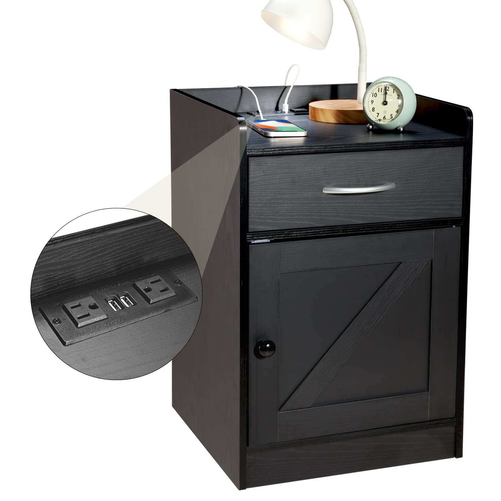 Ecoleben Nightstand with Charging Station - USB Port & Power Outlet Side Table - Farmhouse Style Bedside Table with Storage Drawer & Open Shelf - Perfect for Living Room, Bedroom, Office or Dorm - Convenient for Charging Devices & Organizing Essentials