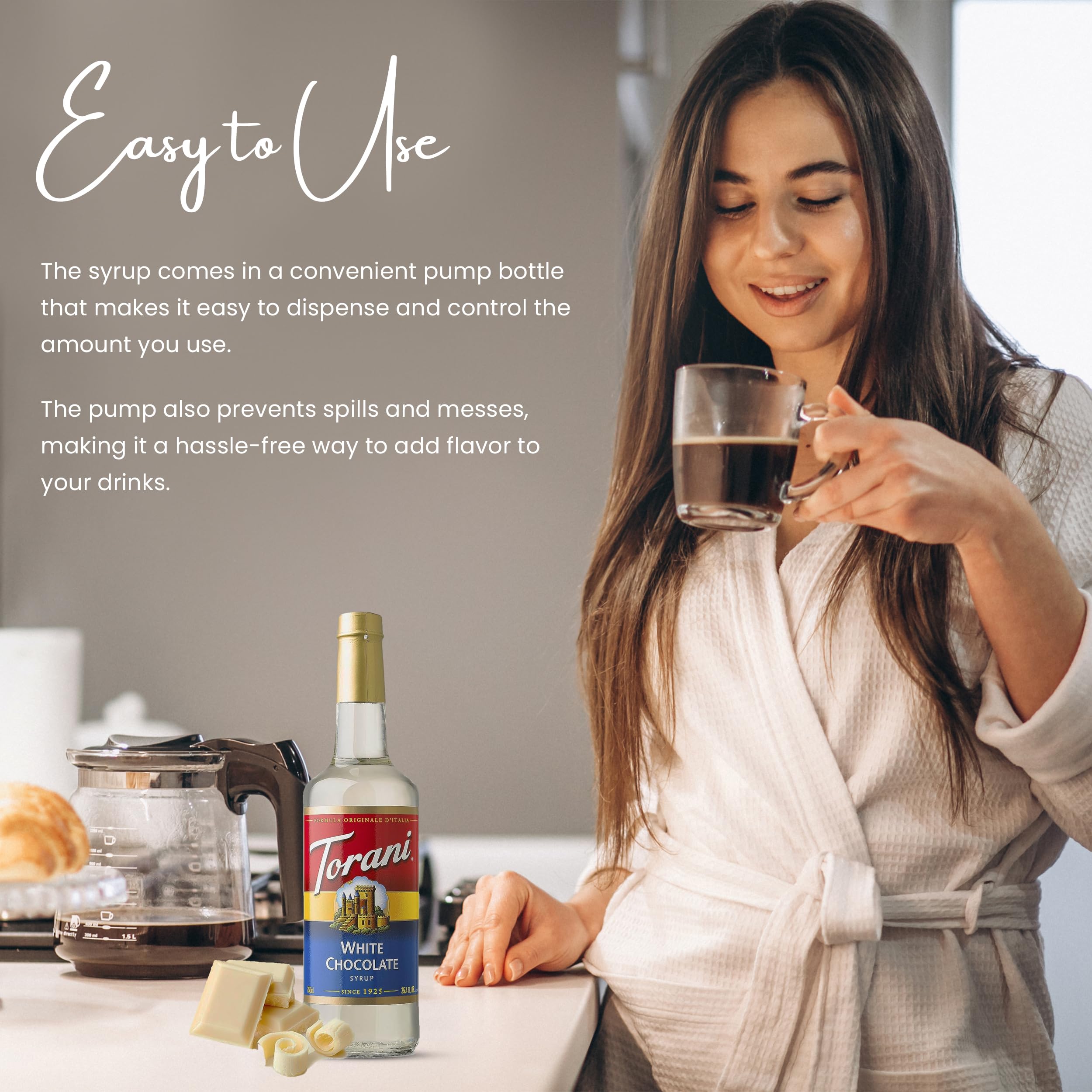 Premium White Chocolate Syrup for Coffee - 25.4oz (750ml) Bottle with Jimoco Pump Dispenser - Perfect for Lattes, Cappuccinos, Hot Cocoa & Dessert Toppings