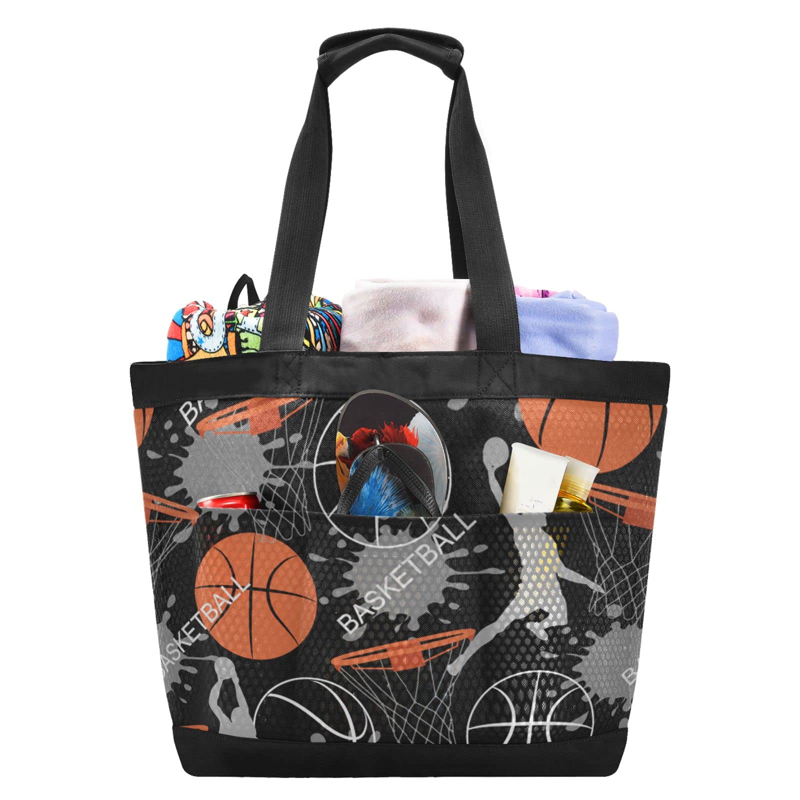 Waterproof Basketball Print Beach Tote Bag - Large Mesh Travel & Gym Yoga Bag for Pool, Sports & Outdoor Activities - White