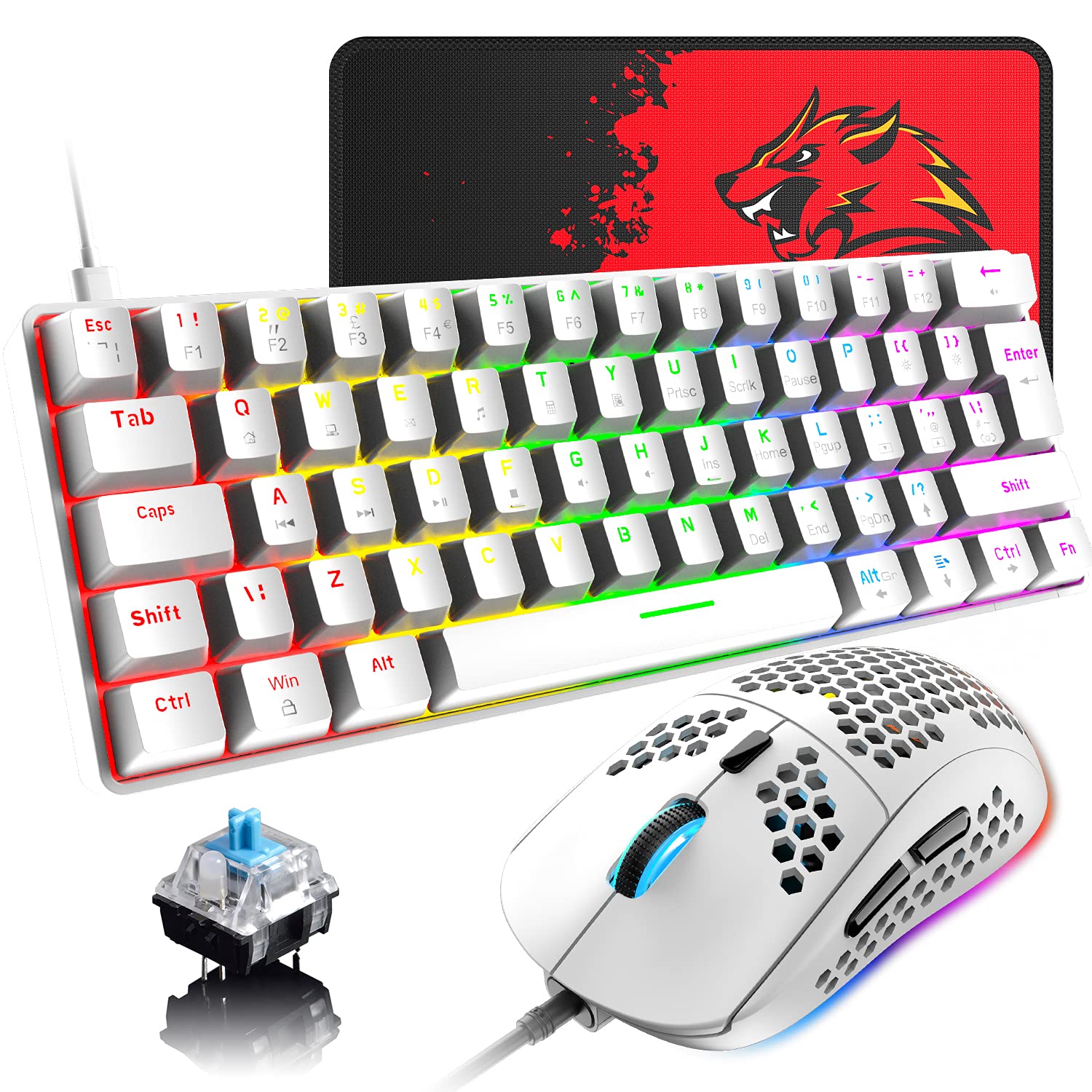 60% Wired Mechanical Gaming Keyboard & Mouse Combo - RGB Backlit for PC/Mac Gaming
