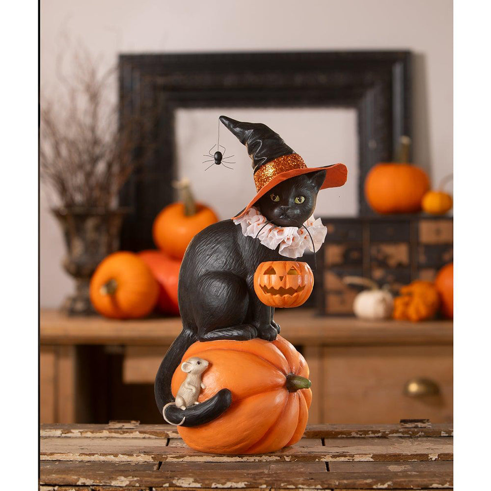 Halloween Cat Witch on Pumpkin Statue by Bethany Lowe Designs - Spooky Home Decor for Halloween Party & Fall Festival Decorations