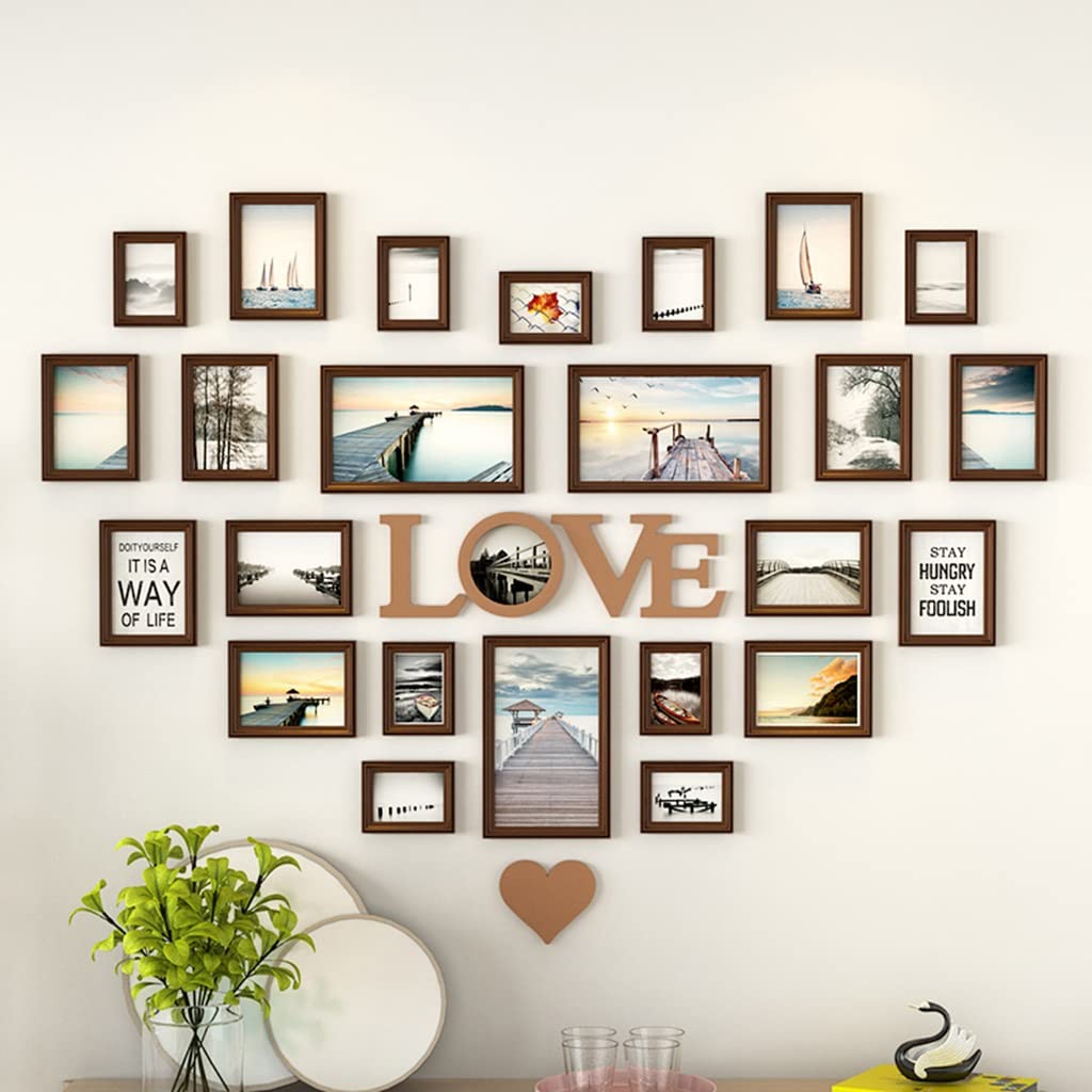 LIUOZ 24-Piece Wall Collage Photo Frame Set - Brown Square Picture Frames with Hanging Template for Family Photos | Home Decor & Living Room Wall Art (Chocolate Color, Complete Set)
