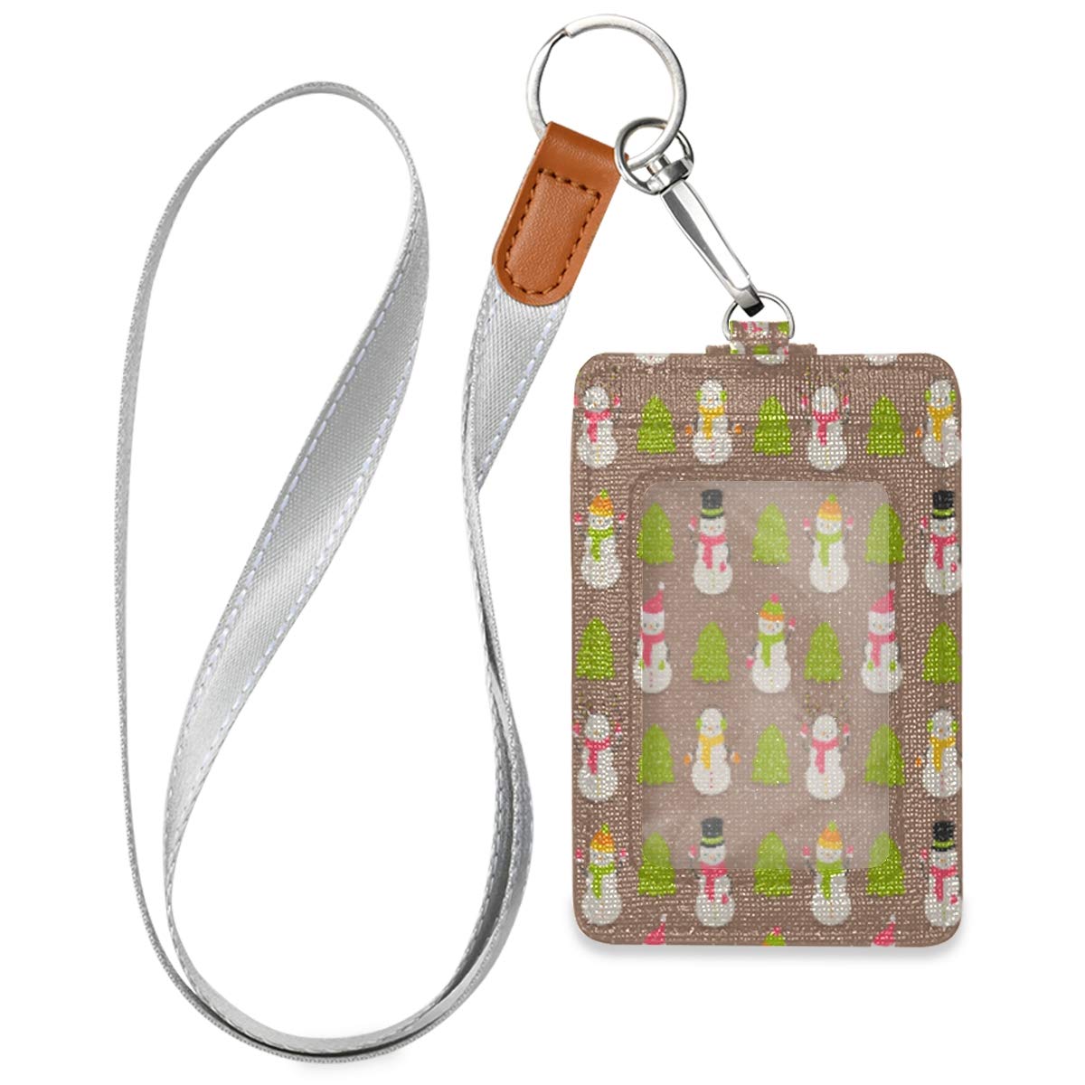 Snowman Pine Themed Vertical PU Leather ID Badge Holder with Neck Lanyard - 1 Clear Window Slot & 2 Credit Card Pockets - Ideal for Workers, Teachers, Officers & Students - Perfect for Office, School & Event Identification