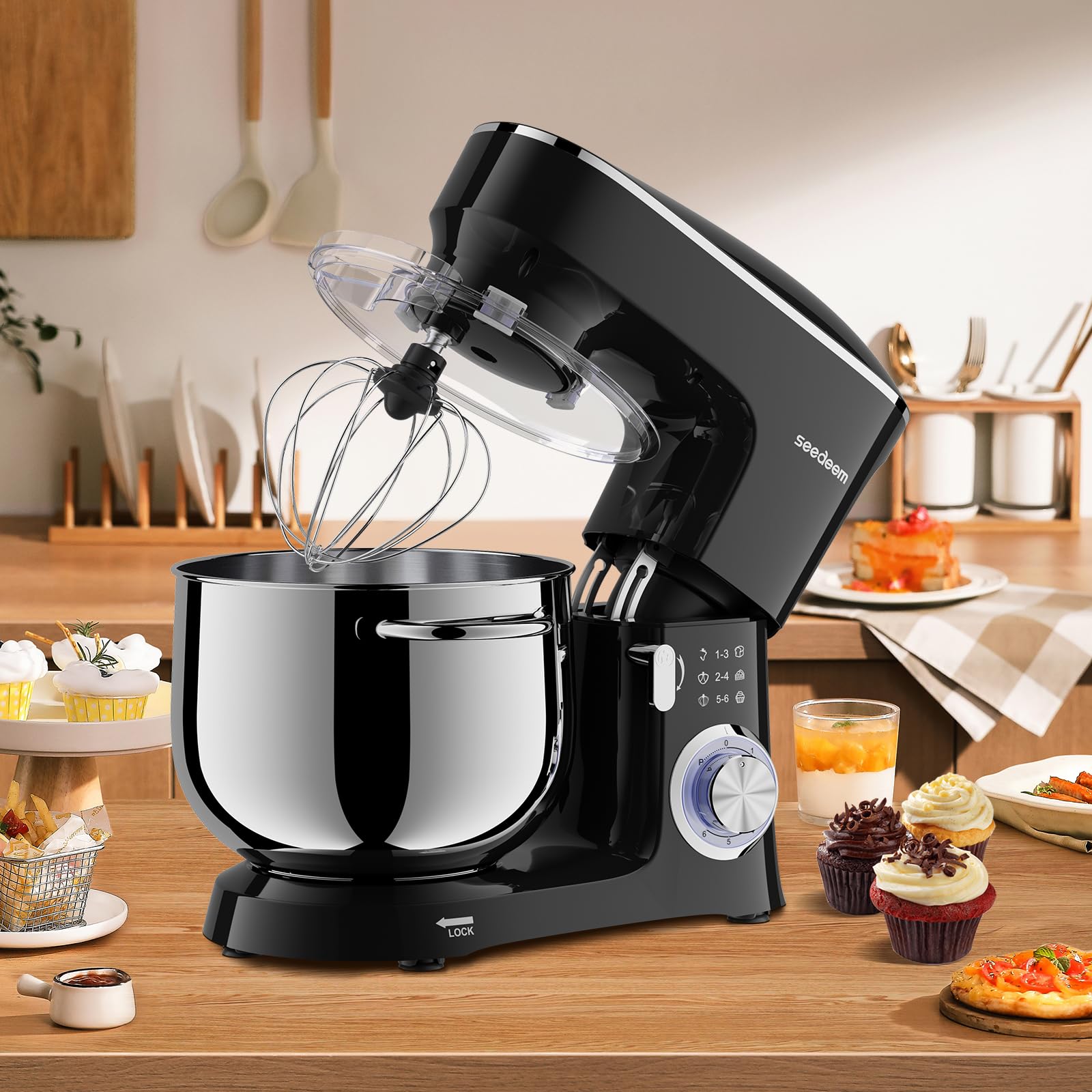 SEEDEEM 8.5 Qt 660W Stand Mixer with 6+ Speeds - Tilt-Head Electric Kitchen Mixer with Dishwasher-Safe Dough Hook, Wire Whip & Beater - Perfect for Baking, Dough Mixing & Daily Cooking - Black