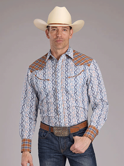 Roper Men's Western Long Sleeve Shirt - Blue Stripe Print Button-Up Cowboy Shirt for Casual Wear, Rodeo & Country Style Outfits