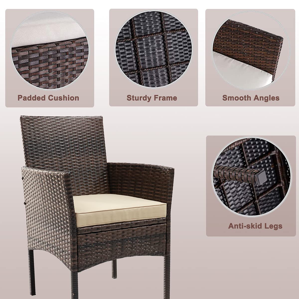 VANCIKI 4-Piece Outdoor Patio Furniture Set - Rattan Wicker Chairs & Table with Beige Cushions for Porch, Backyard, Garden - Black-Brown Conversation Set - Perfect for Relaxing, Entertaining & Outdoor Dining
