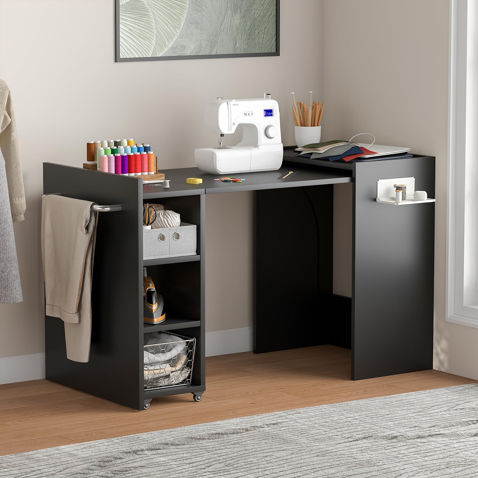 Foldable Sewing Table with Storage - Wall Mount Sewing Machine Cabinet with Shelves & Fabric Drawer | Multipurpose Craft Desk for Sewing, Dining, Laundry & Work | Space-Saving Corner Table for Small Homes & Apartments (Black) - Perfect for Craft Rooms, Home Offices & Small Living Spaces
