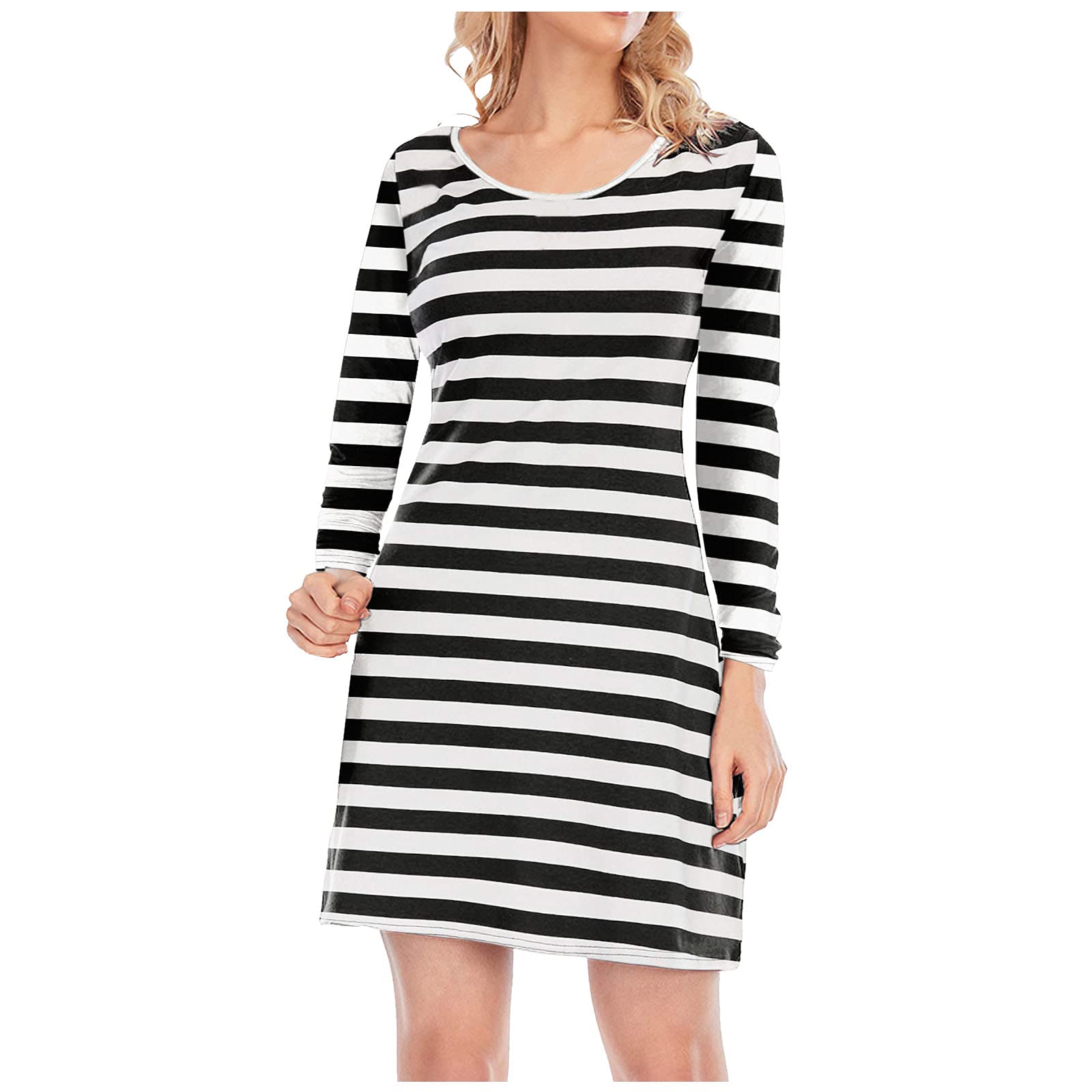 Elegant Midi Dress for Women - Long Sleeve Round Neck A-Line T-Shirt Casual Dress in Black | Perfect for Autumn Office Wear, Date Nights & Fall Layering