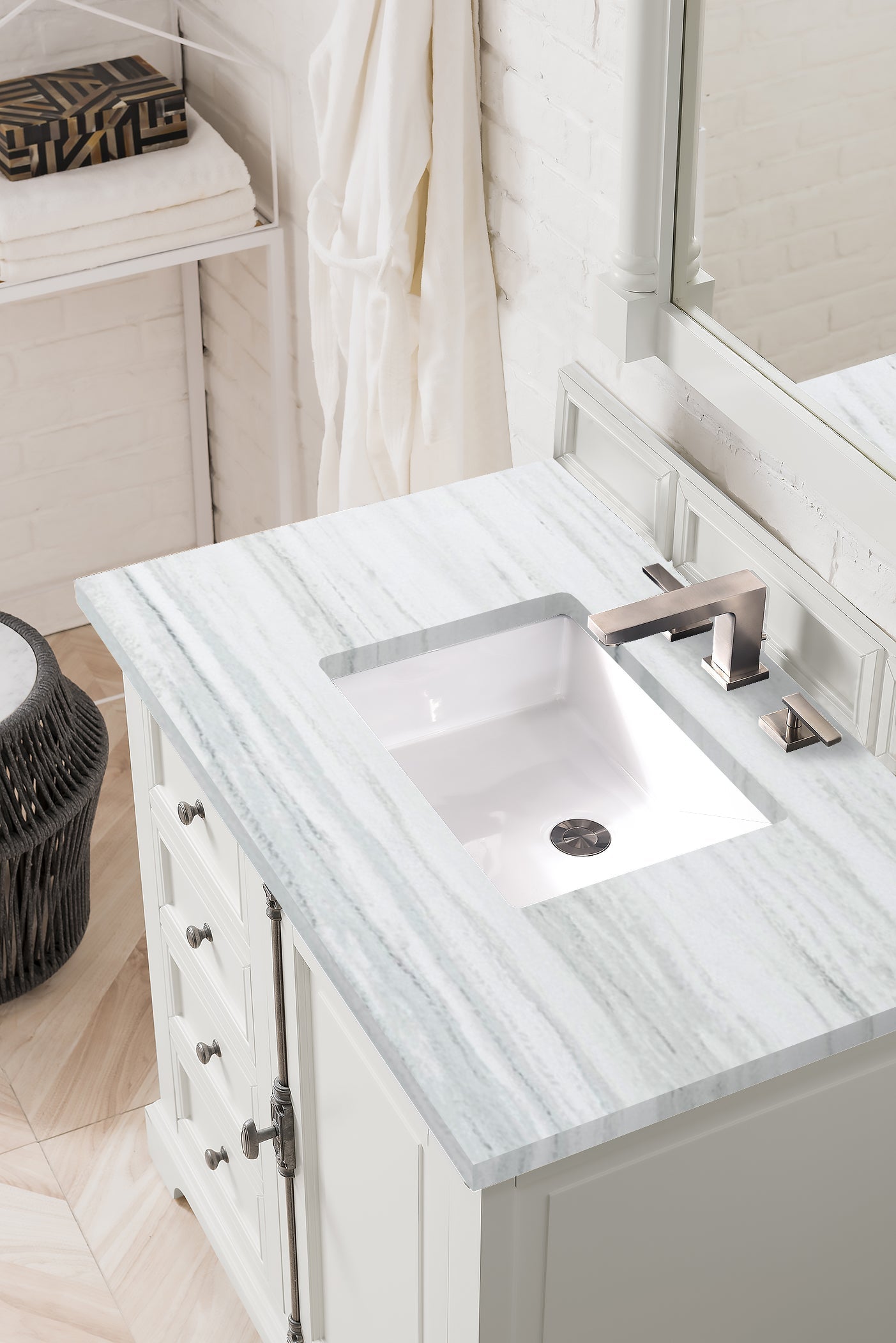 Providence 36-Inch Bright White Bathroom Vanity with 3CM Arctic Fall Solid Surface Top | Modern Single Sink Vanity for Master Bath & Powder Room