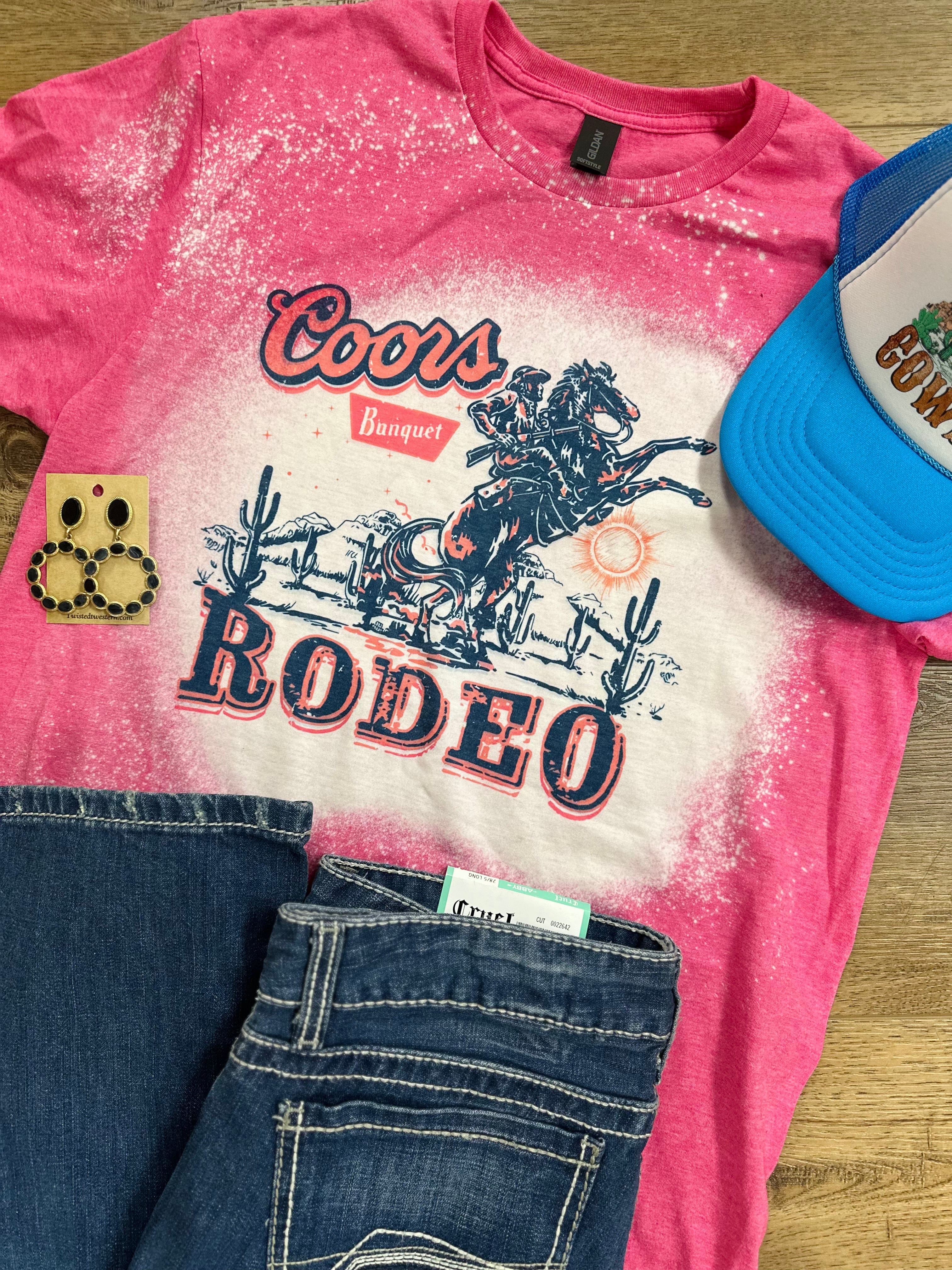 Women's Coors Rodeo Pink Bleached Vintage T-Shirt - Soft Cotton Tee for Western Fashion & Country Concerts