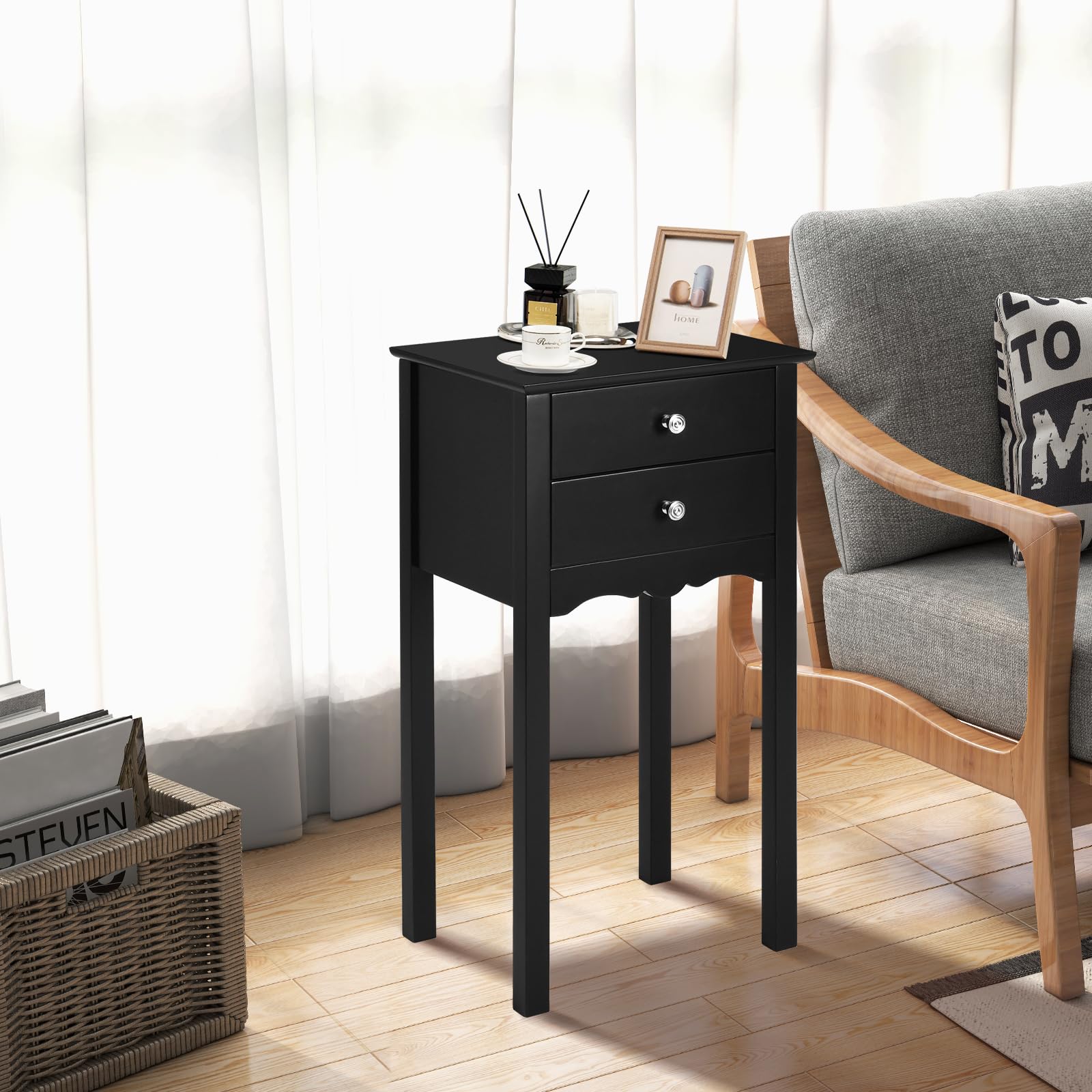Giantex Black End Table with 2 Drawers - Multi-Purpose Nightstand, Side Table for Living Room, Bedroom & Office - Compact Accent Furniture for Small Spaces (1-Piece)