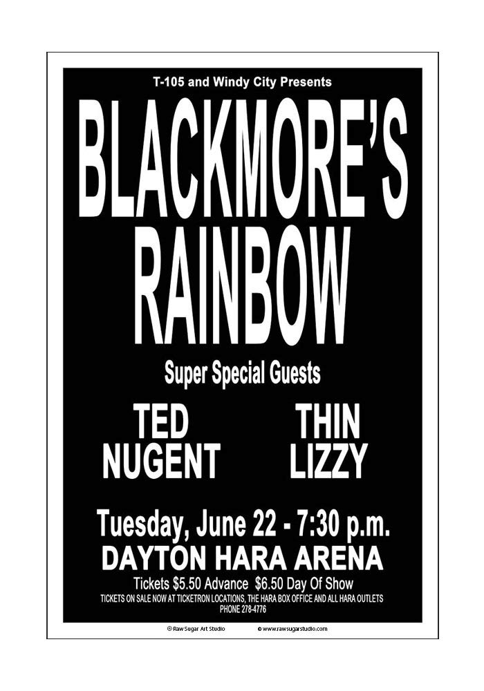 Vintage 1976 Dayton Concert Poster - Raw Sugar Art Studio Blackmore Rainbow, Ted Nugent, Thin Lizzy | Rock Music Memorabilia & Wall Decor for Fans