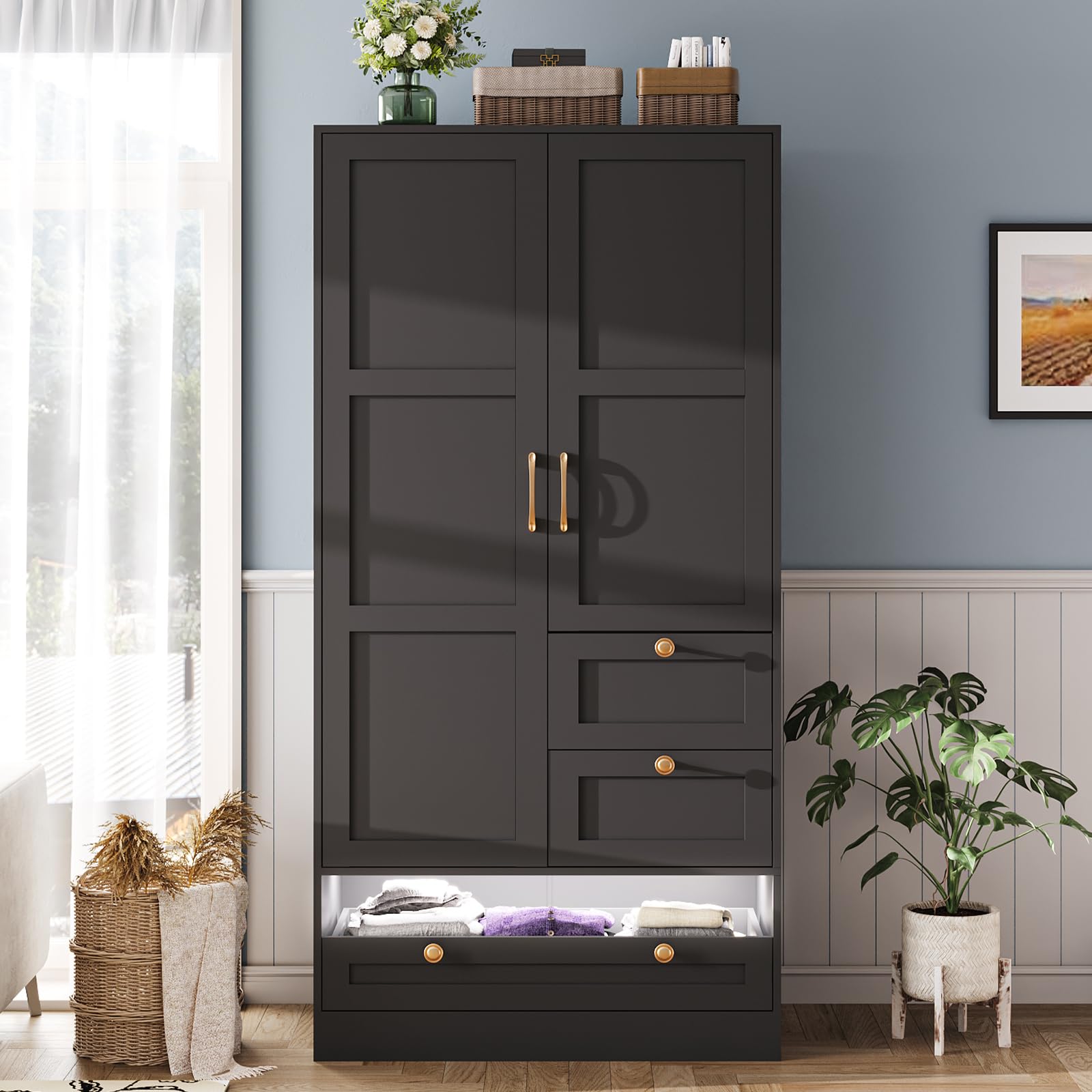 Maupvit 2-Door Armoire Wardrobe Closet with Drawers & LED Lights - Large Capacity Freestanding Storage Cabinet with Hanging Rod - Bedroom Clothes Organizer for Laundry Room & Walk-In Closets - Black