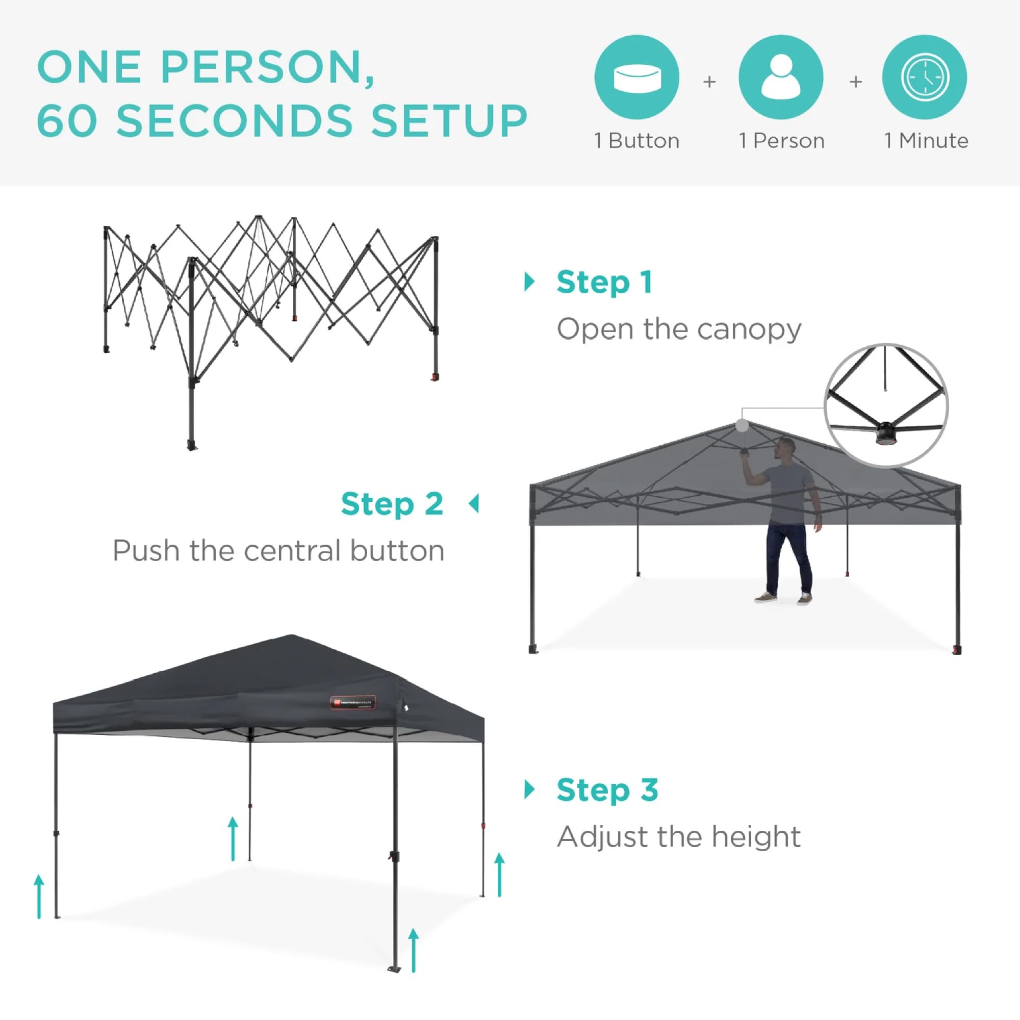 Best Choice Products 12x12ft Instant Pop Up Canopy Tent - Portable 1-Person Shelter with Push Button Setup, Carry Case & 4 Weight Bags (Gray) - Perfect for Camping, Beach, Picnics, and Outdoor Events