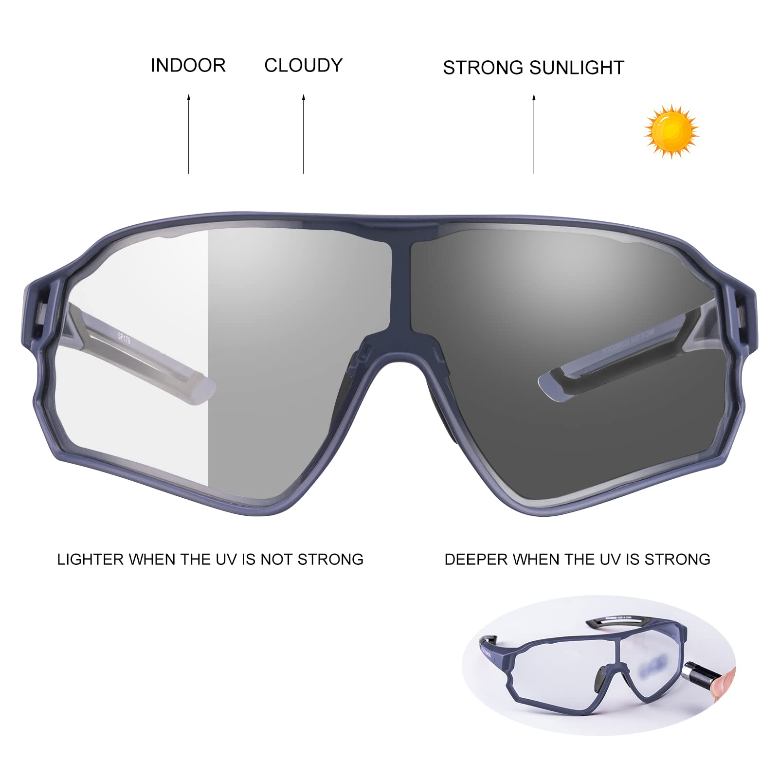 ROCKBROS Photochromic Cycling Sunglasses for Men - UV Protection, Lightweight & Anti-Fog Sports Bike Glasses for Outdoor Cycling, Running & Hiking