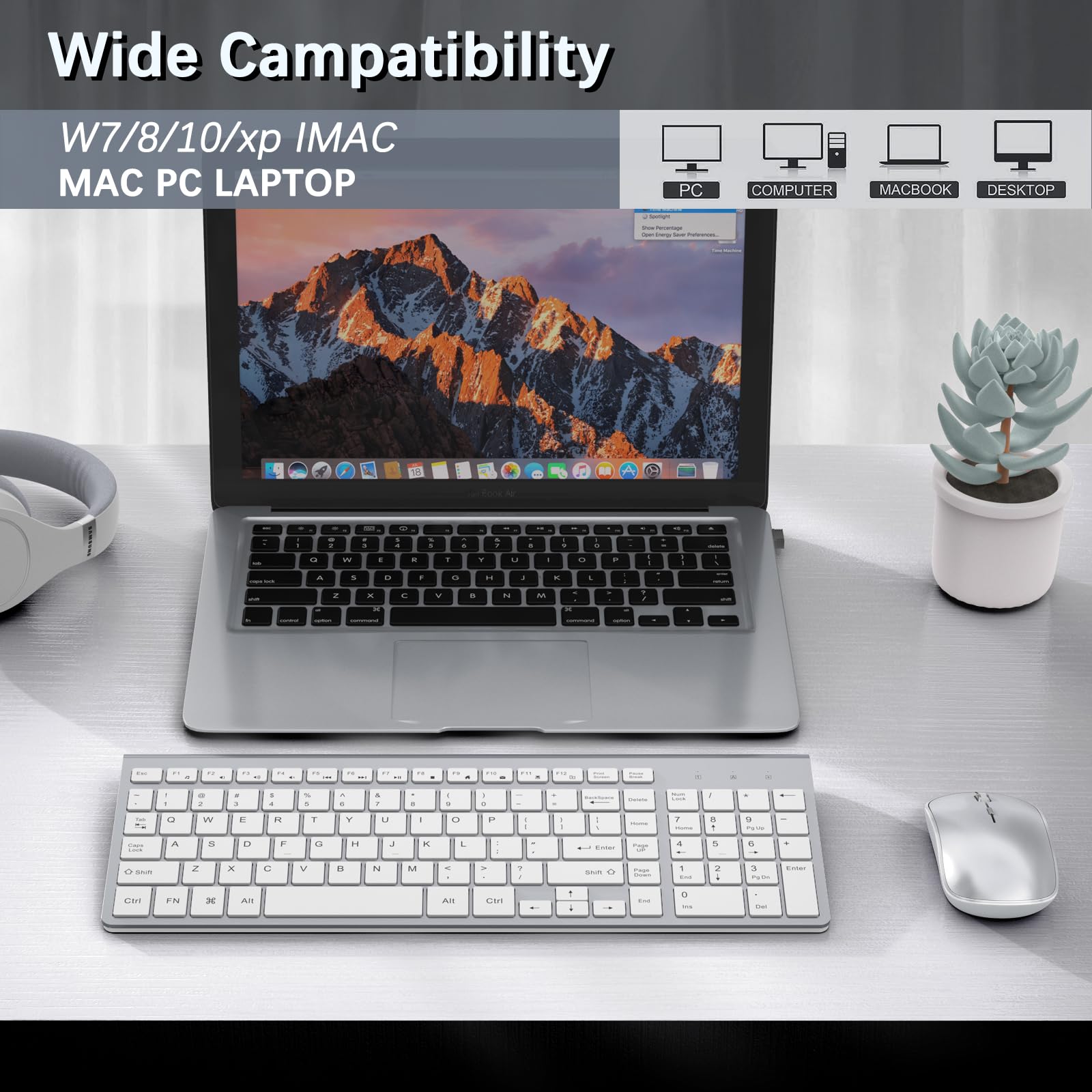 J JOYACCESS 2.4G Wireless Keyboard and Mouse Combo with Numeric Keypad - Quiet Clicks, Ergonomic Design for Laptop, Desktop, Tablet & Mac (Silver White) - Perfect for Office Work, Gaming & Home Computing