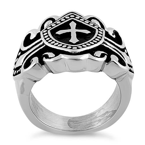 Stainless Steel Cross Crest Shield Ring for Men - Gothic Punk Jewelry, Religious Symbol Ring - Perfect for Everyday Wear, Gift Giving & Alternative Fashion