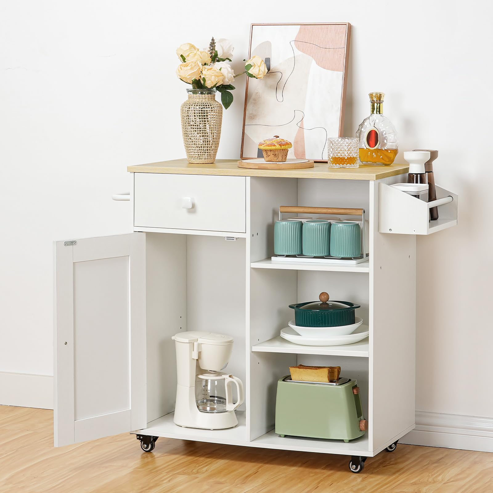 HOOBRO White and Natural Kitchen Island with Storage Cabinet, Drawers, Spice & Towel Rack - Space Saving Kitchen Cart for Small Spaces, Easy Assembly - Perfect for Cooking, Dining & Living Room Organization (Model WN12ZD01)