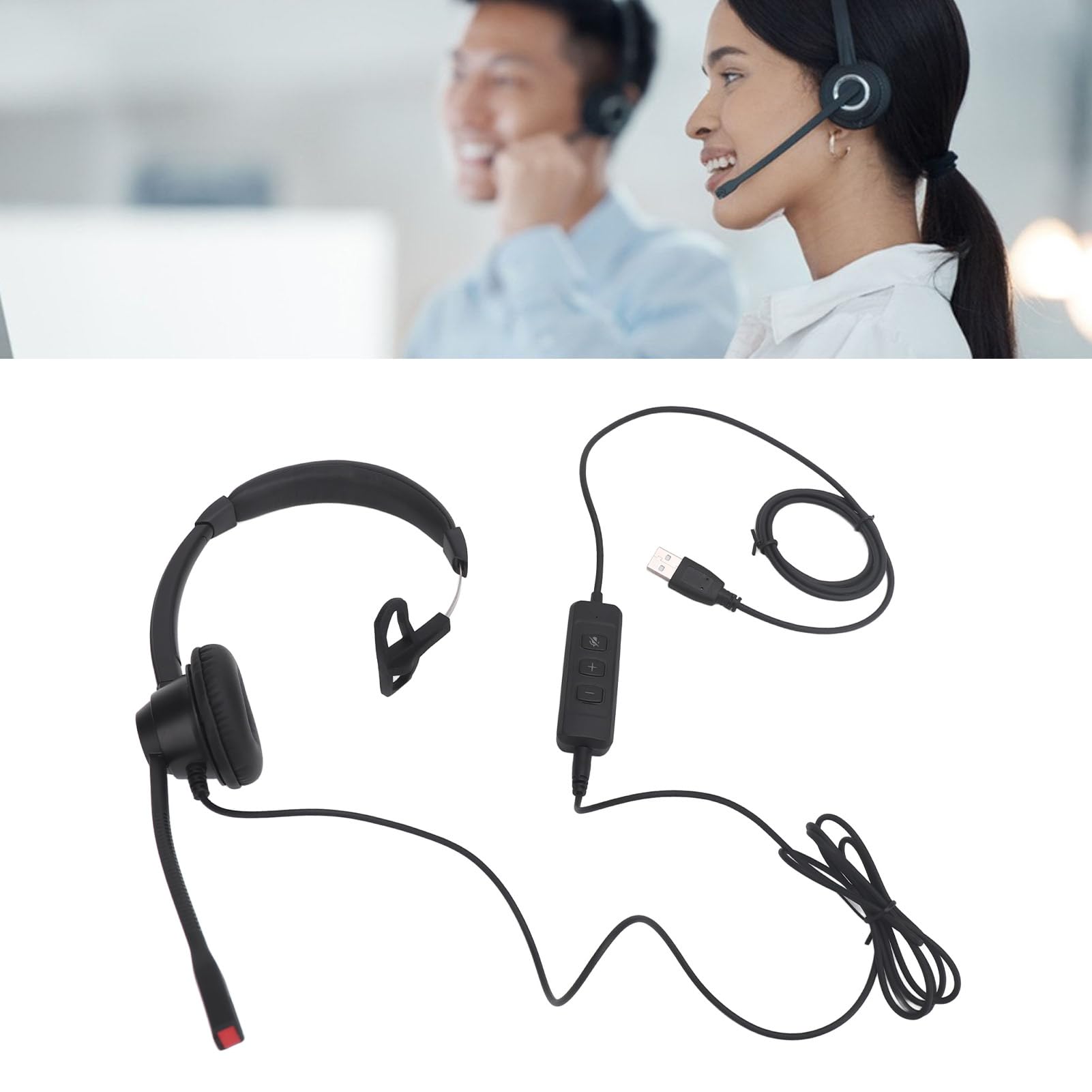Noise Cancelling USB Headset with Microphone - Single Ear Headphone for PC, Laptop, Phone & Tablet - Includes USB to USB-C Adapter - Perfect for Home Office, Call Centers & Remote Work