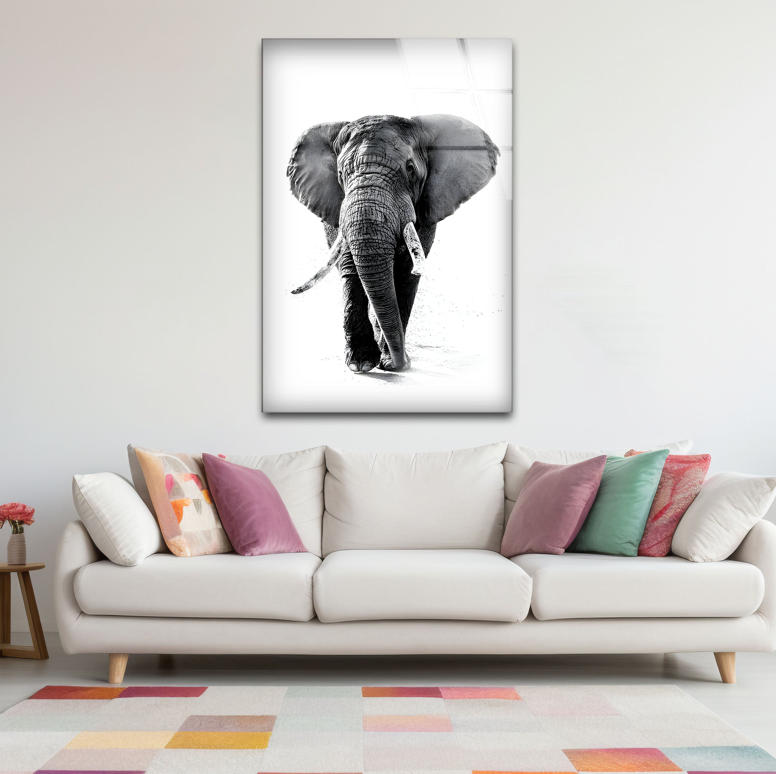 Elegant Black and White Majestic Elephant Glass Wall Art - Handmade Home Decor for Living Room, Bedroom, or Office - Perfect Gift for Elephant Lovers