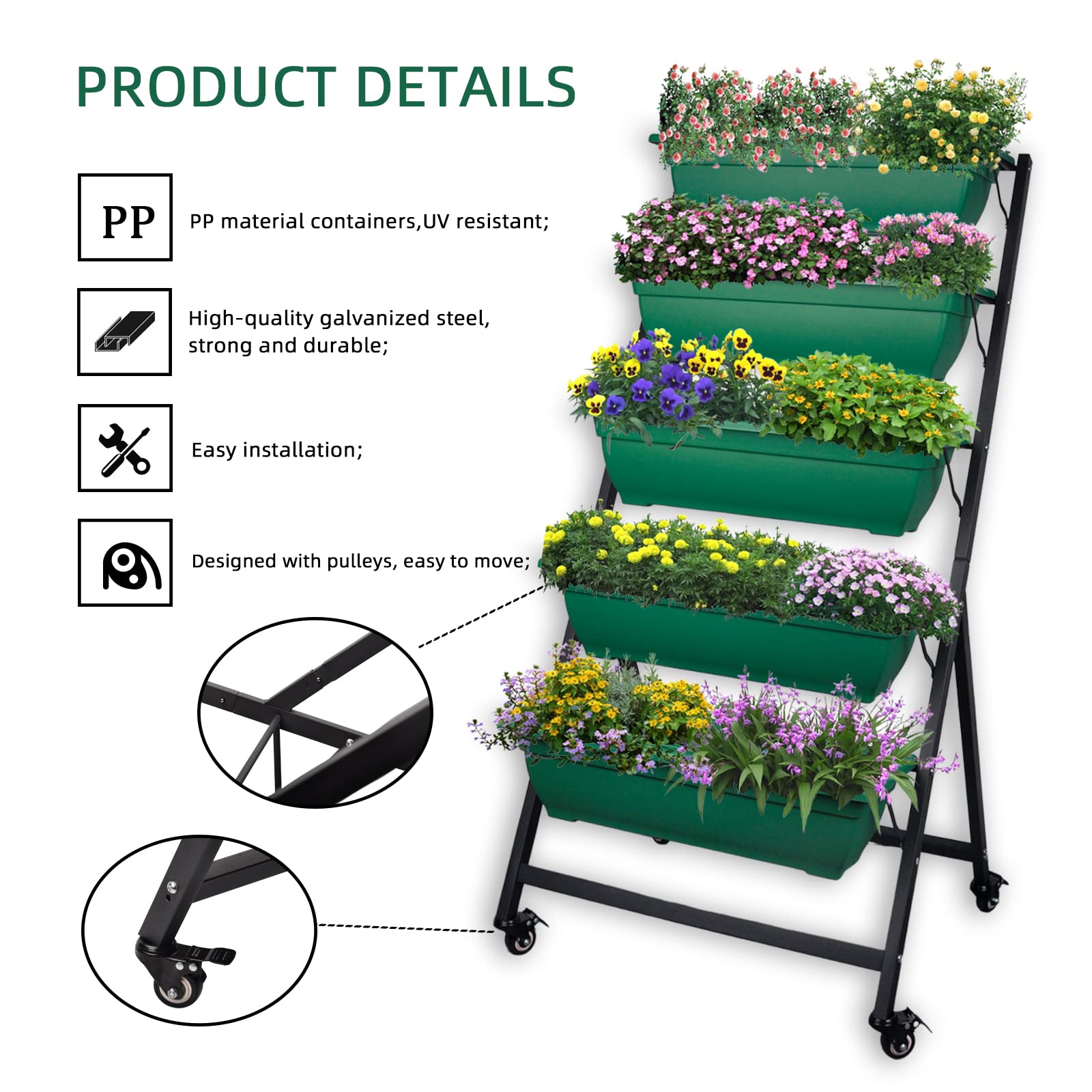 4FT Vertical Raised Garden Bed with Wheels - 5 Tier Planter Box for Flowers, Vegetables & Herbs - Indoor/Outdoor Gardening Solution for Patio, Balcony & Greenhouse - Perfect for Small Space Gardening & Urban Farming