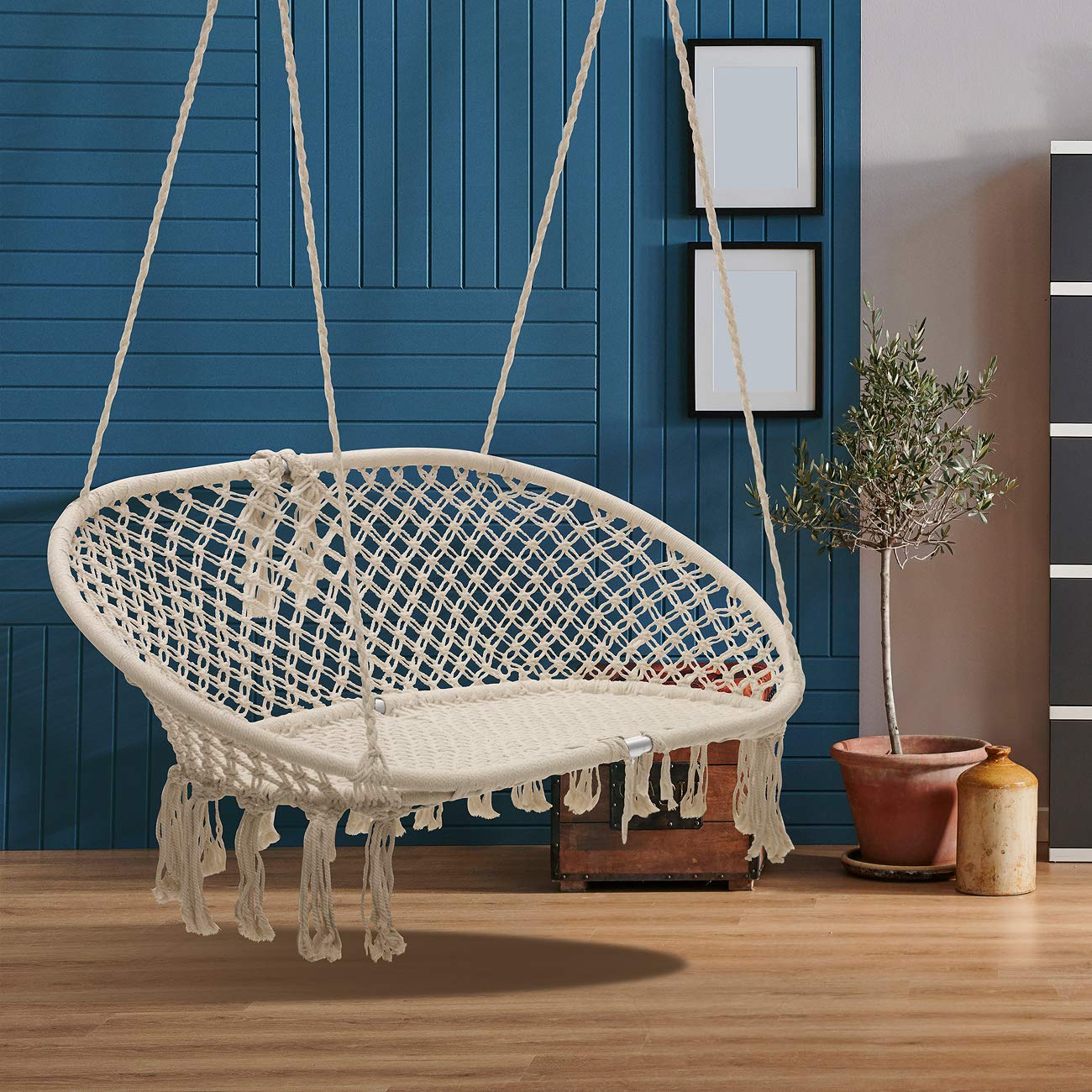 Sorbus Macrame Hanging Hammock Chair Swing - Double Swing Bench for Indoor & Outdoor Use - Perfect for Bedroom, Patio, Garden, Deck & Backyard - Cozy Boho Floating Seat for Relaxation & Reading