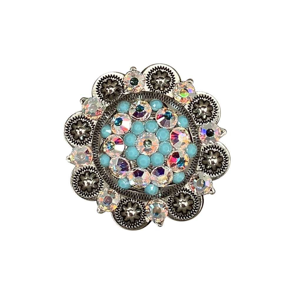Antique Silver Turquoise & AB Crystal Conchos - Sizes 1 to 3 with Buckles for Western Jewelry, Belt Decor & Native American Crafting