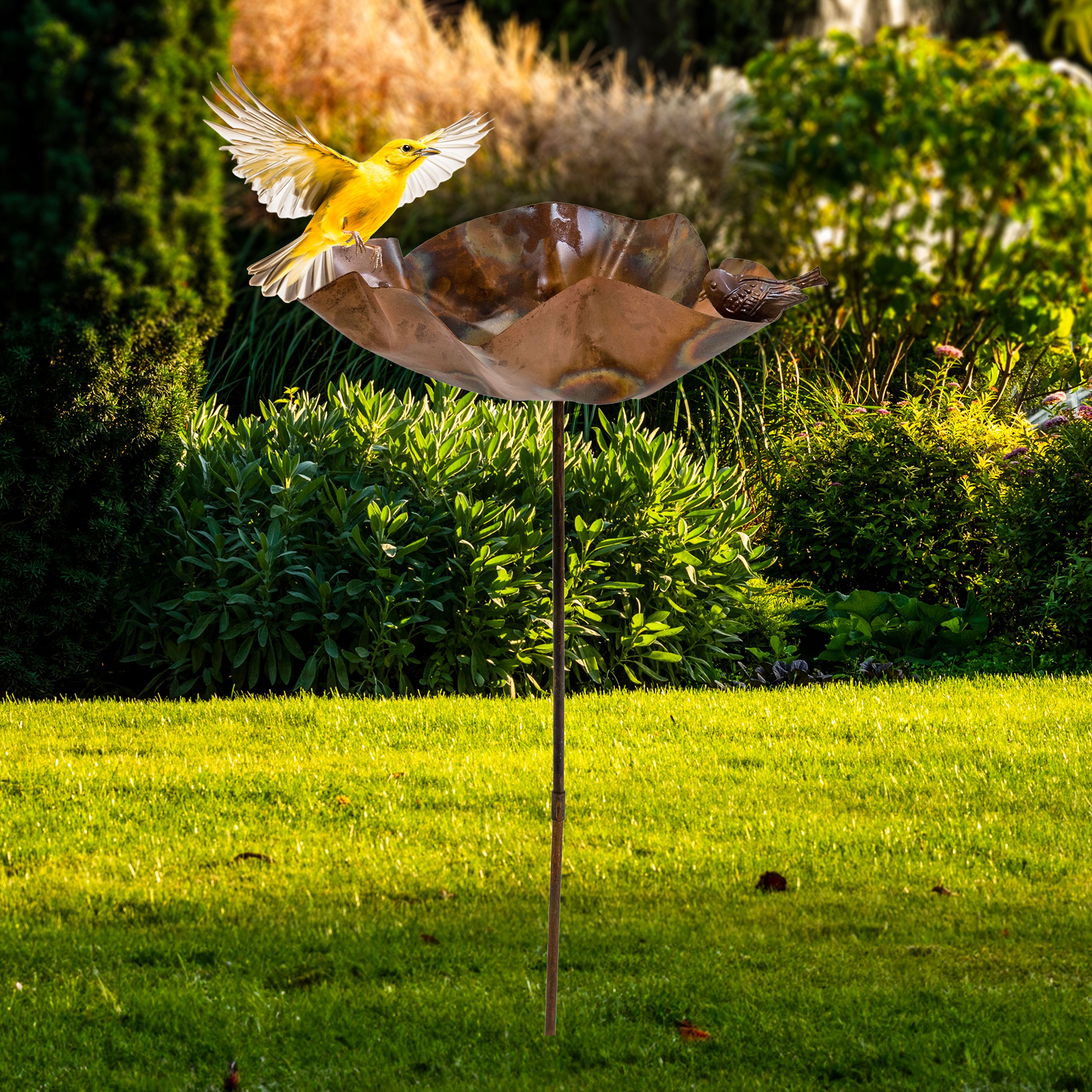 Staked Copper Bird Bath with Decorative Bird Figurine - 34.25 Inch Outdoor Garden Decor for Birds & Wildlife - Perfect for Backyard, Patio & Lawn Decoration