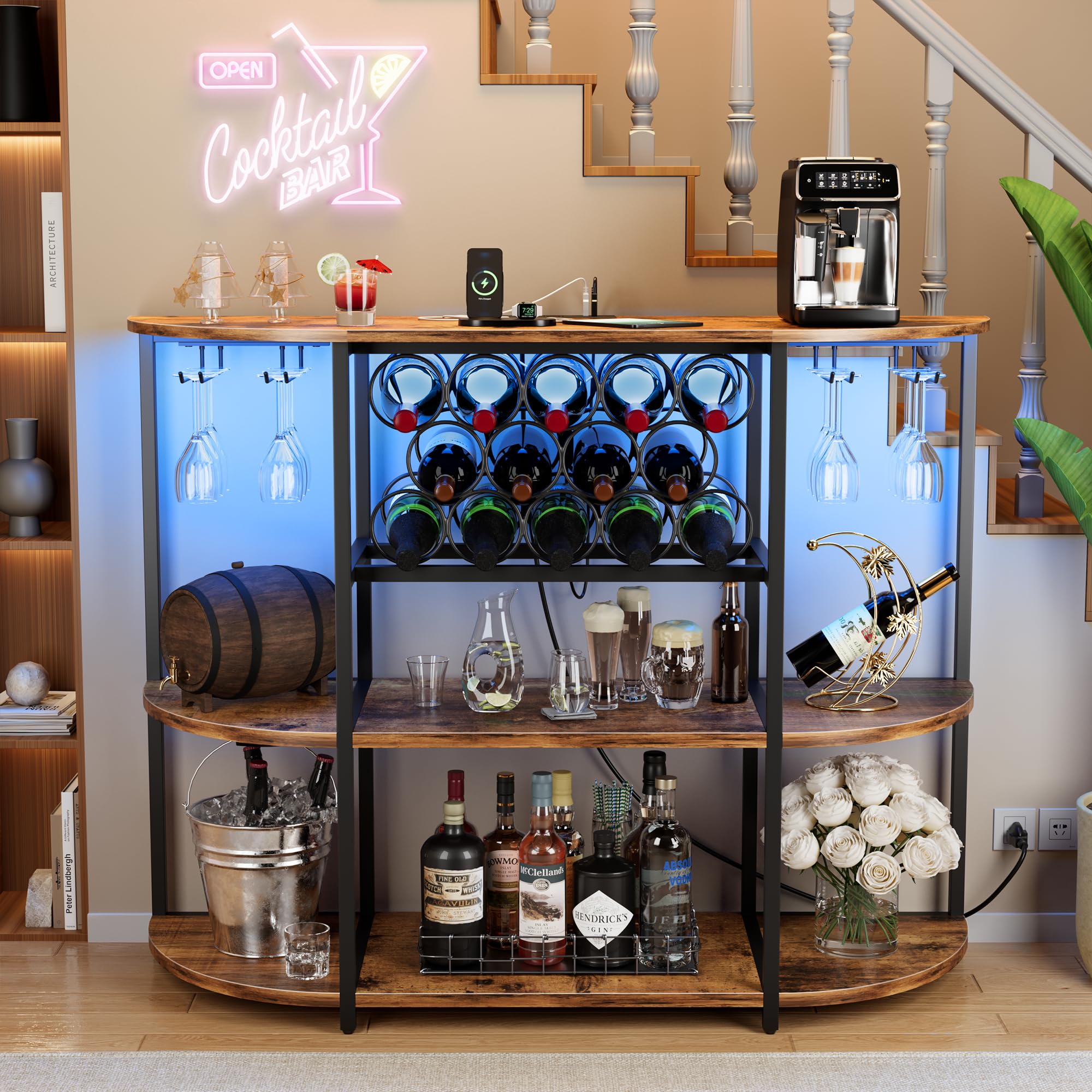 VICTONE Freestanding Wine Bar Cabinet with LED Lights & Power Outlets - Modern Liquor Storage with Glass Holder & Wine Rack - Perfect for Home, Kitchen, Dining Room - Ideal for Entertaining Guests & Displaying Your Wine Collection