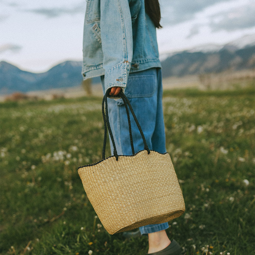 Handwoven Basket Tote Bag - Natural Woven Straw Beach Bag with Leather Handles - Perfect for Beach, Picnic, Shopping and Farmers Market