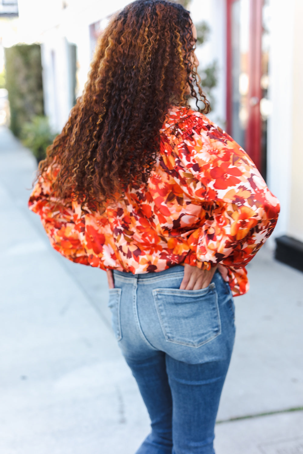 Fall Vibes Rust Floral Print Notched Neck Smocked Satin Blouse - Elegant Women's Tops for Autumn Outfits, Date Nights & Office Wear