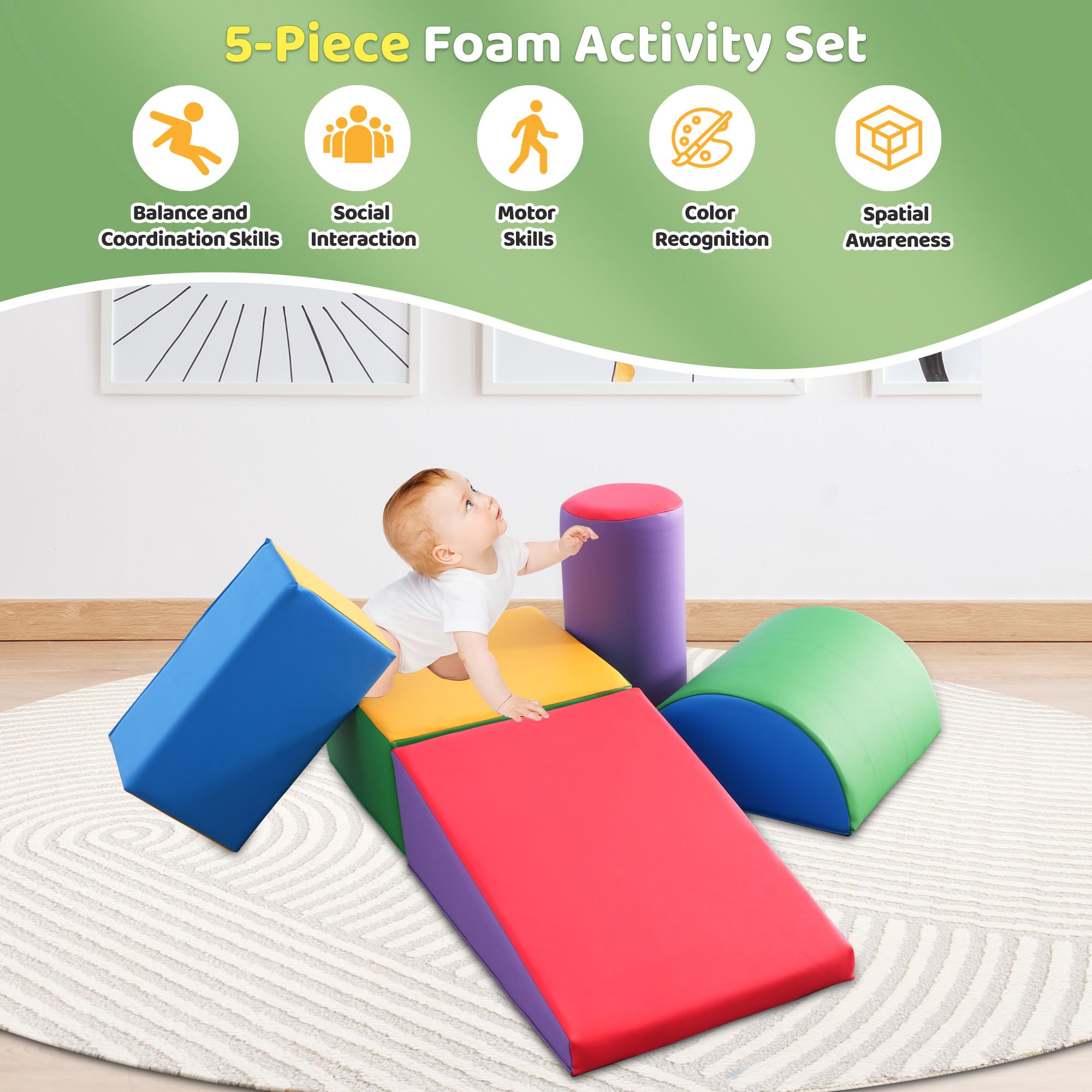 Foam Climbing Blocks for Toddlers 1-3 Years - 5-Piece Indoor Active Play Set for Kids, Safe Climb and Crawl Activity Toys for Home, Preschool & Daycare - Perfect for Developing Motor Skills & Active Playtime