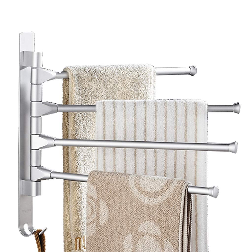 180 Degree Rotatable Silver Aluminum Towel Rack with 4 Bars & Hooks - Space Saving Bathroom Towel Holder for Kitchen, Laundry Room & Spa