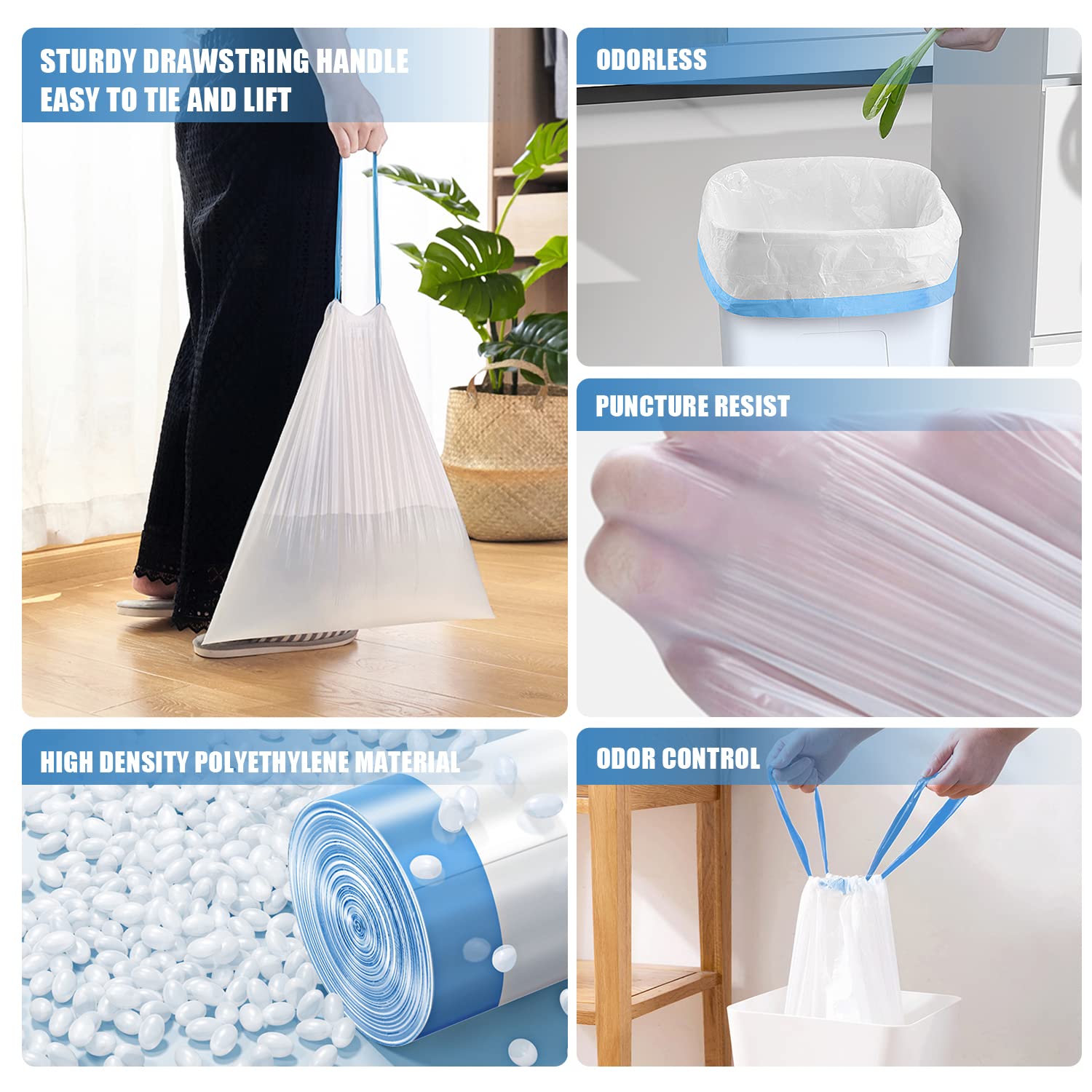 FORID 8 Gallon Kitchen Drawstring Trash Bags - 50 Count White Unscented Garbage Can Liners, Medium Plastic Waste Bags for Home, Bedroom, Bathroom & Office (30 Liter) | Perfect for Kitchen Waste, Daily Cleaning & Small Trash Cans