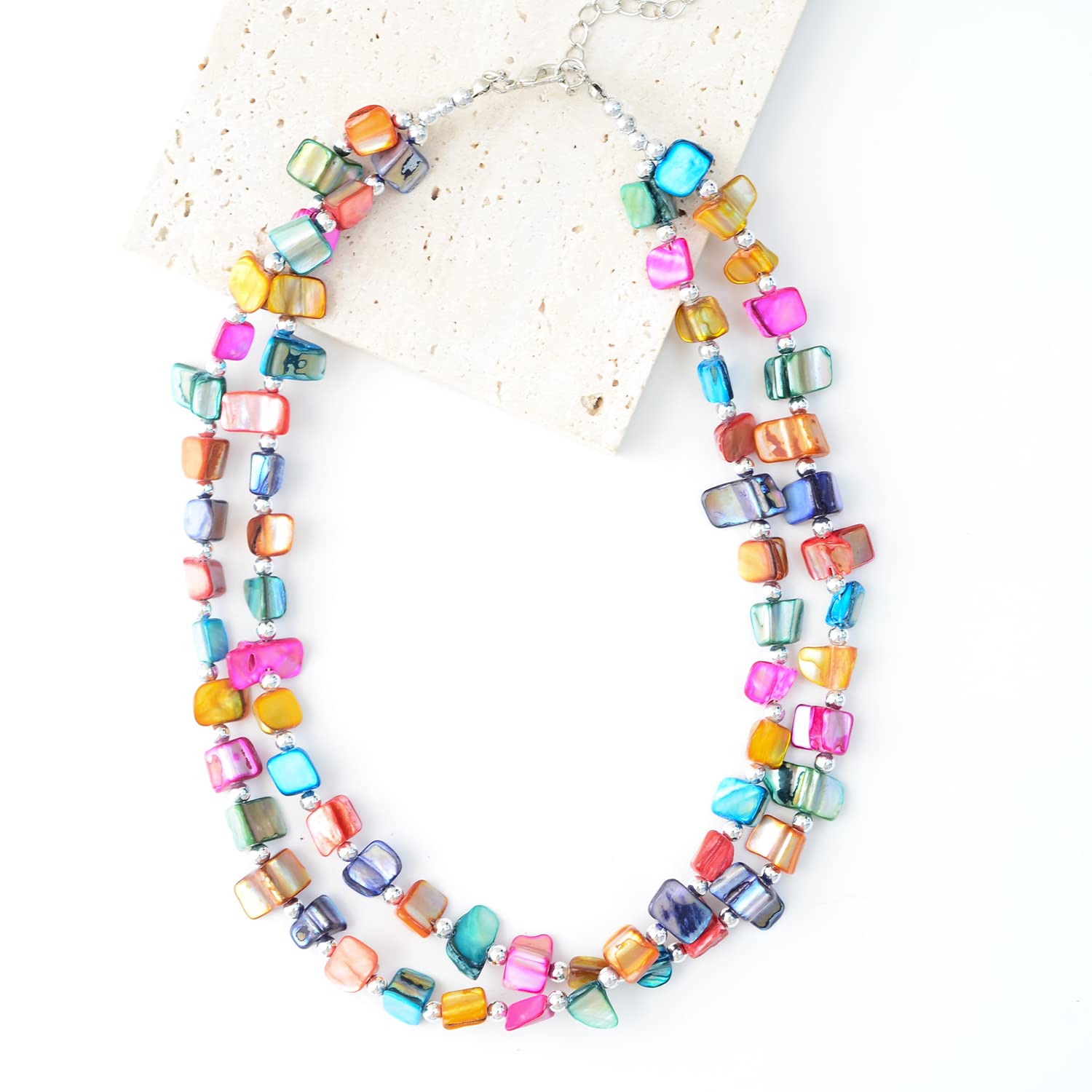 Boho Layered Shell Beaded Necklace - Handmade Colorful Beaded Choker Necklace for Women | Beach Vacation, Summer Festival & Boho Chic Outfit Jewelry