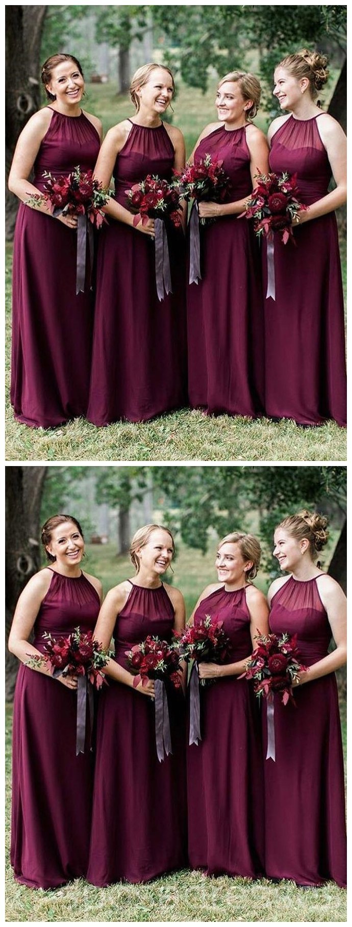 Elegant Halter Neck Plum Chiffon Long Bridesmaid Dress - WG575 | Perfect for Weddings, Prom & Formal Events