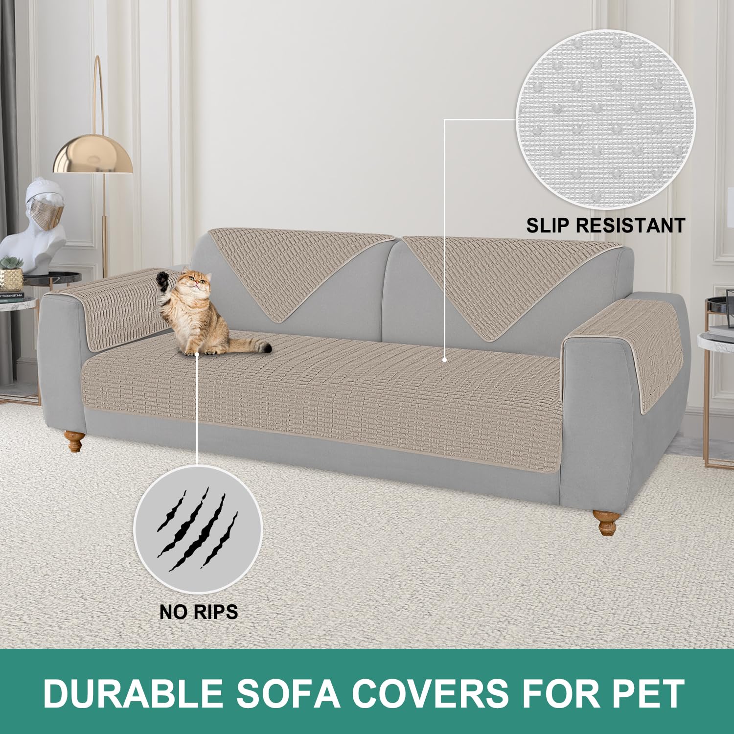 Non-Slip Sofa Arm Covers Set of 2 - Brown 18x28 Inch Armchair Protectors for Living Room Furniture, Recliner & Sectional Couch - Perfect for Pets, Kids & Daily Use