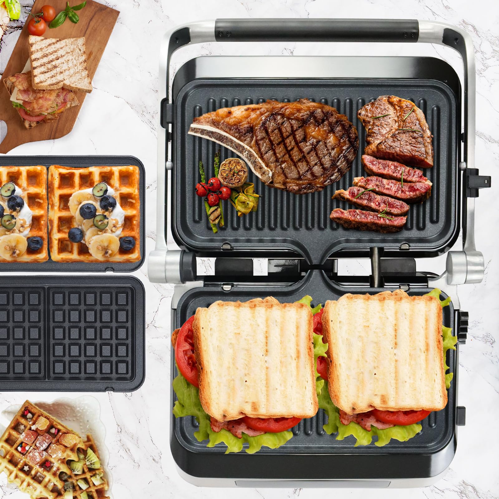 Non-Stick Panini Press & Waffle Maker Combo - 1600W Electric Sandwich Grill with Removable Plates, 180° Open Design - Perfect for Steak, Burgers, Paninis & Waffles - Ideal Kitchen Gift for Home Cooking & Breakfast Preparation
