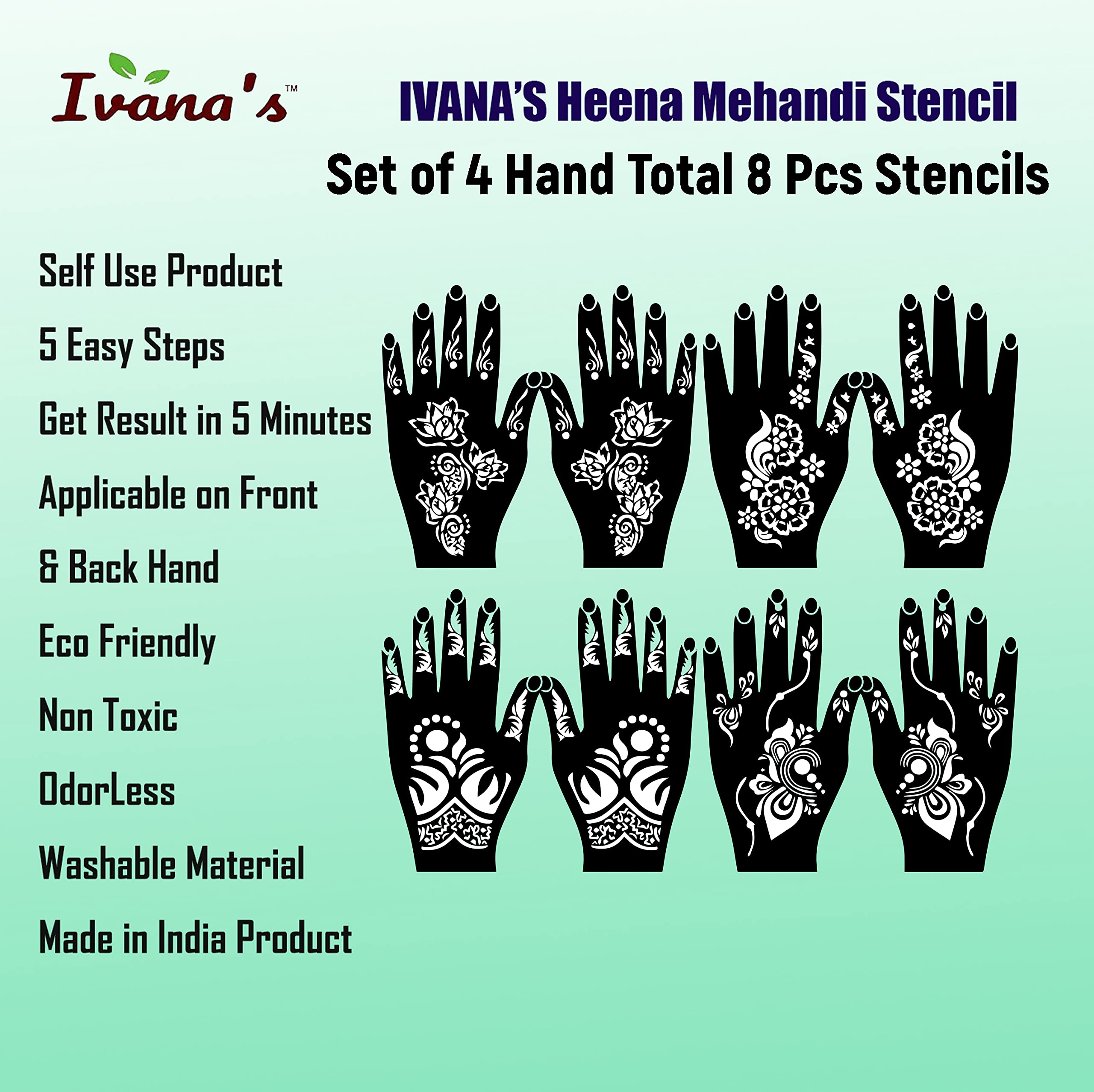 Set of 8 Henna Tattoo Stencils for Women, Girls & Kids | Mehandi Hand Design Templates | Reusable Temporary Tattoo Kit (MT-09) | Perfect for Parties, Weddings & Festive Celebrations