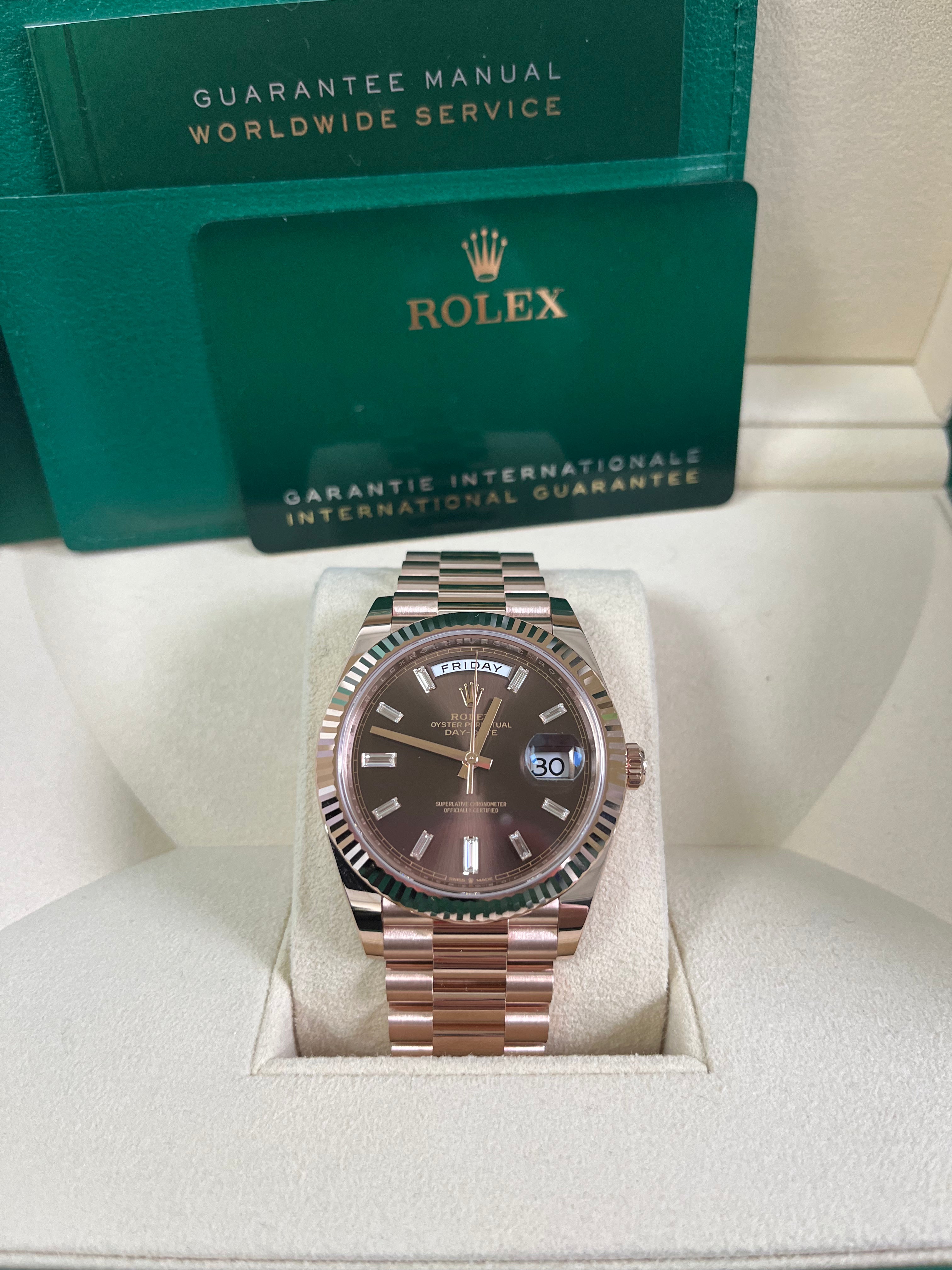 Rolex Day-Date 40 Rose Gold Men's Watch with Fluted Bezel & Chocolate Baguette Diamond Dial - Model 228235 | Luxury Dress Watch for Business & Formal Occasions