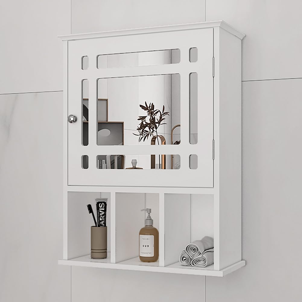White Wooden Wall Mounted Mirrored Bathroom Cabinet with Doors & Shelves - Medicine Storage, Over The Toilet Organizer, Kitchen Cupboard for Bathroom & Home Decor