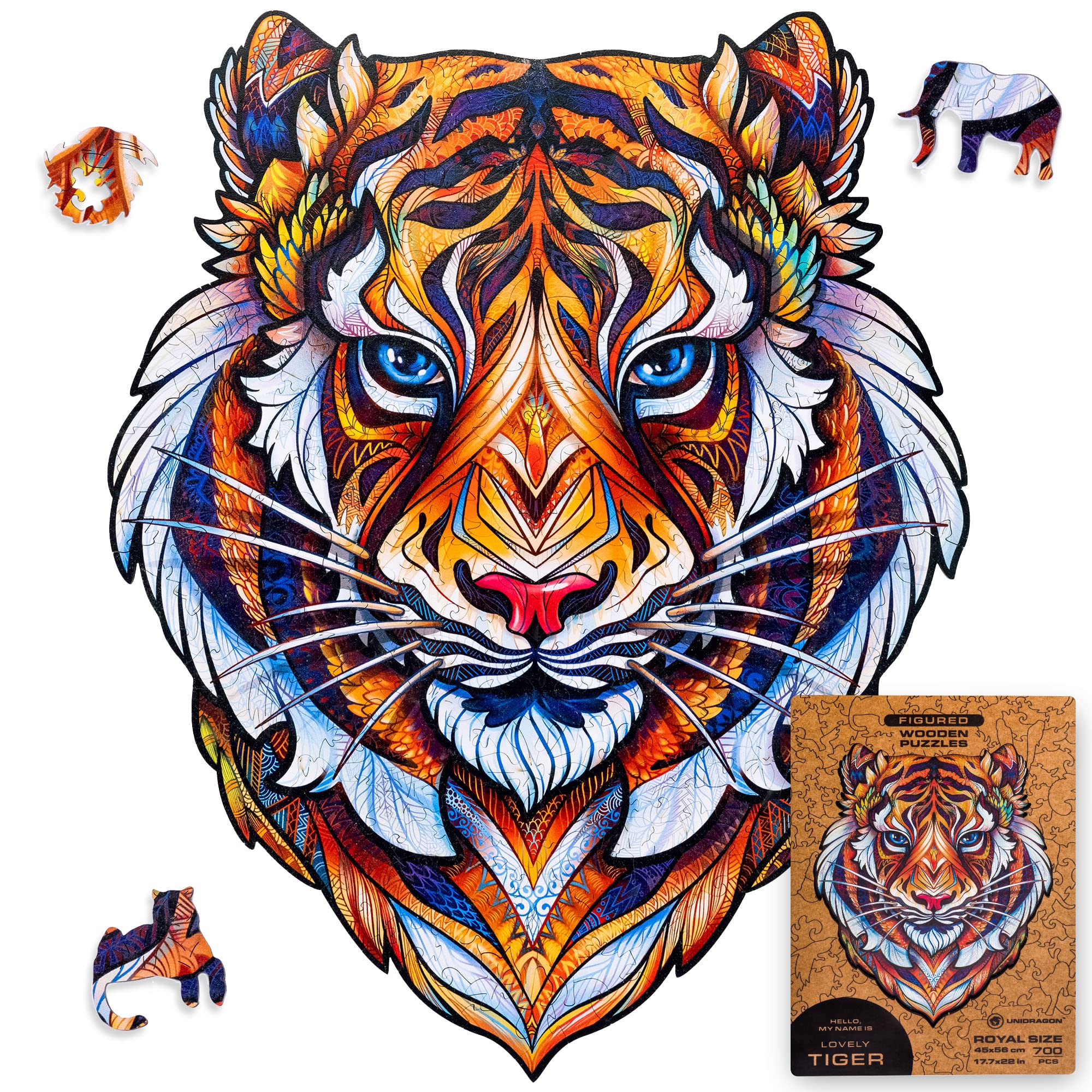 UNIDRAGON Original Wooden Jigsaw Puzzles - Lovely Tiger Design, 700 Piece Premium Puzzle, Large 17.7x22 Inch Royal Size, Unique Shaped Pieces, Beautiful Gift Box - Perfect for Family Game Night, Birthday Gifts for Adults & Kids, Home Decor & Stress Relief Activities