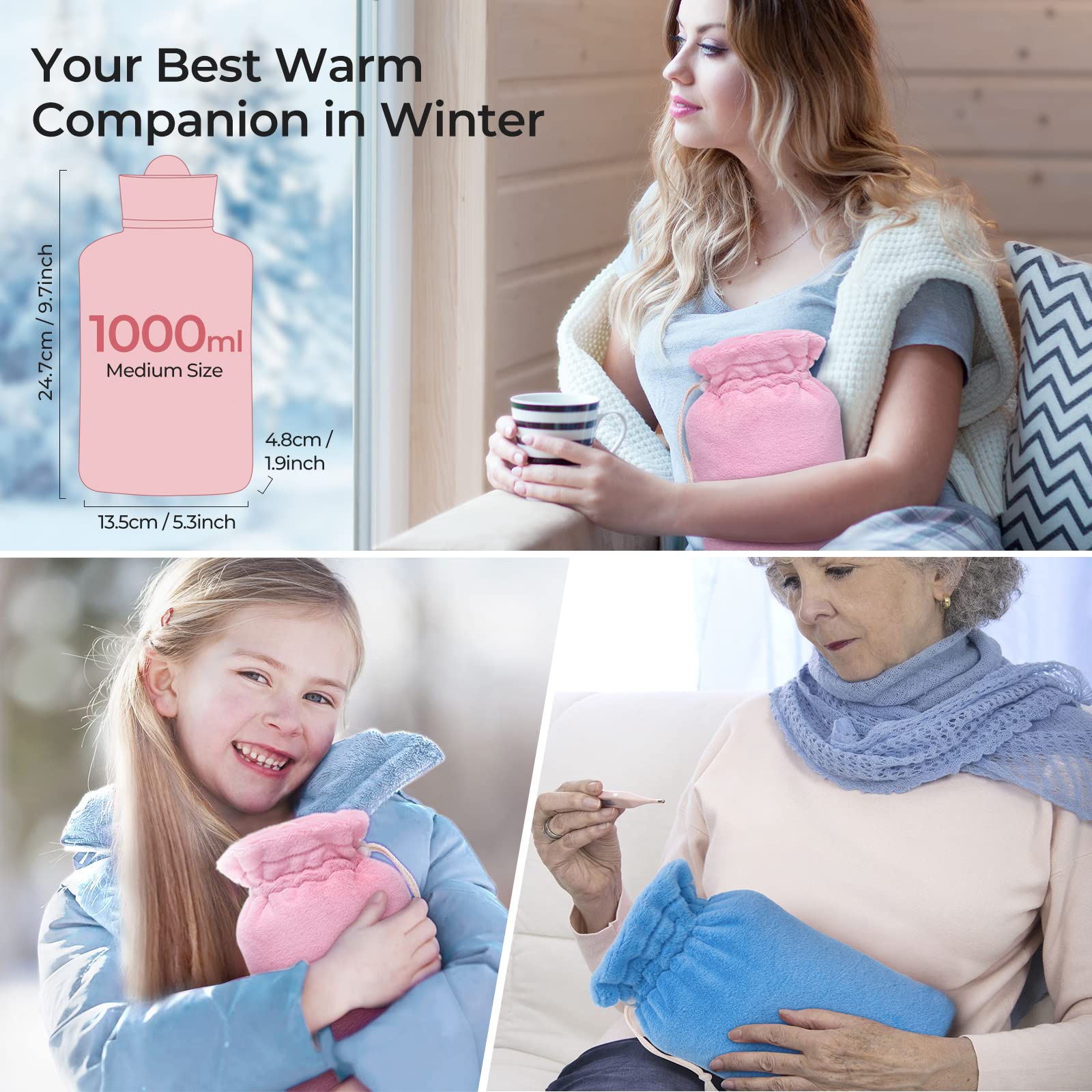 MEETRUE 1L Microwaveable BPA-Free Silicone Hot Water Bottle with Cover - Pain Relief for Cramps, Backache & Muscle Soreness - Hot & Cold Therapy for Women, Kids & Seniors - Perfect for Home, Office & Travel Use
