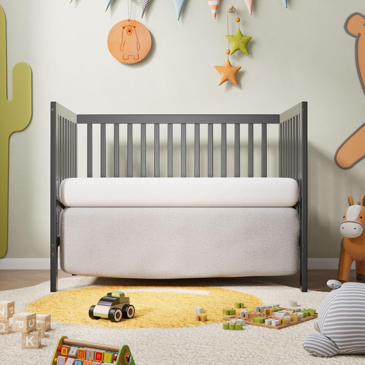 5-in-1 Convertible Baby Crib - Mini Crib to Toddler Bed for Small Spaces (Gray)