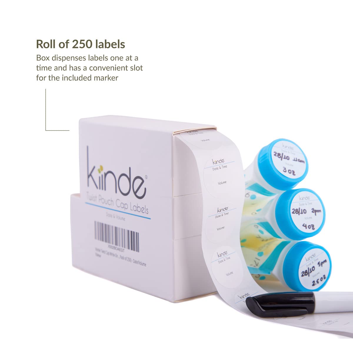 Kiinde Twist Cap Single-Use Write-On Labels for Breast Milk and Baby Food Storage Pouches (250 Pack) - Includes Label Dispenser with Marker & Holder - Perfect for Organizing Baby Bottles, Breastmilk Bags & Puree Pouches - Date/Volume Tracking Made Easy