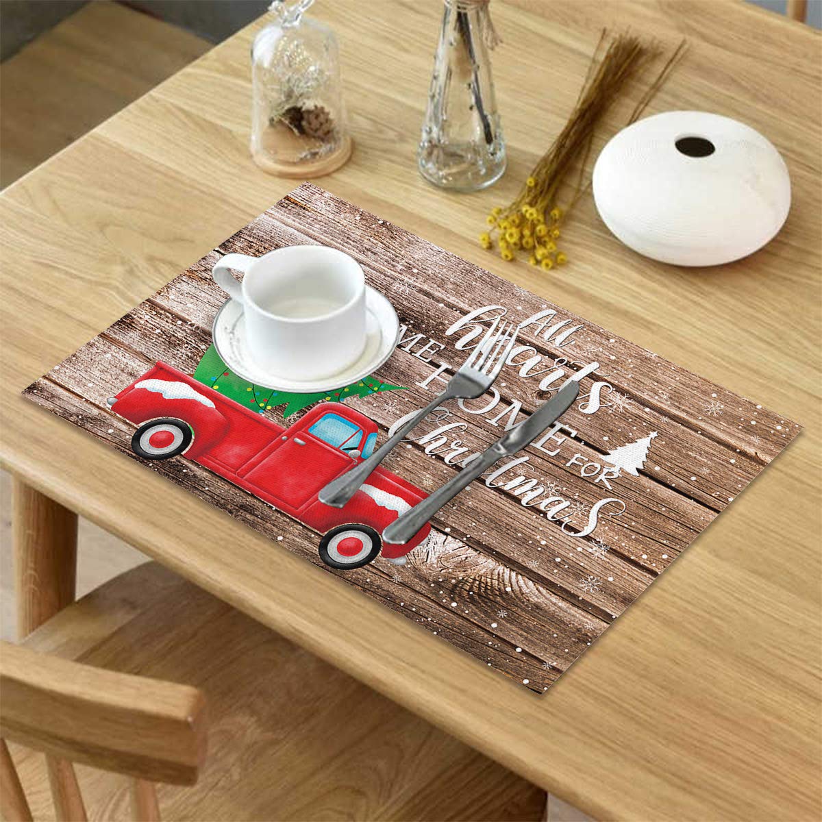 Vintage Snowflake & Red Car Christmas Placemats Set of 4 - Heat Resistant Washable Burlap Table Mats for Dining Table, Round Table, Outdoor Patio - Perfect for Holiday Decorations, Family Gatherings & Festive Dining