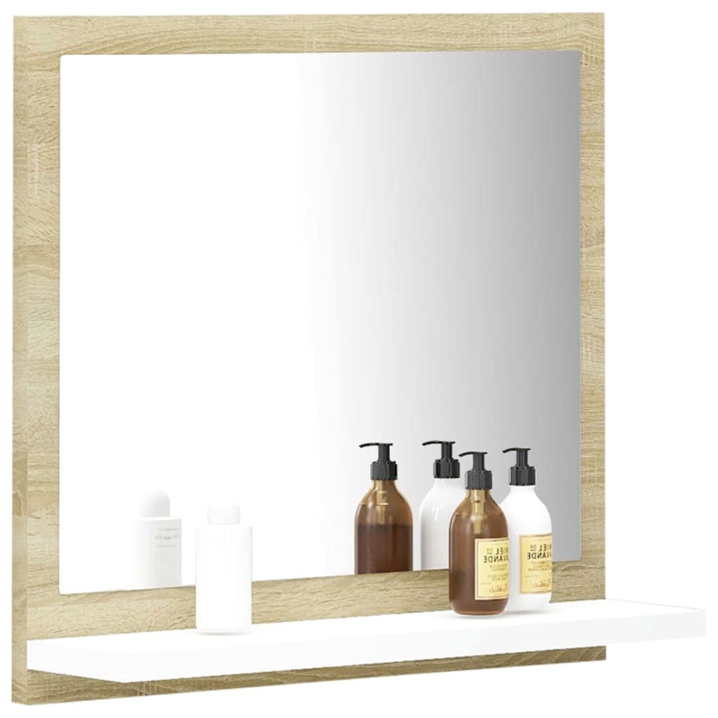 Modern Bathroom Mirror with Shelf - White & Sonoma Oak Finish, Durable Engineered Wood, 15.7