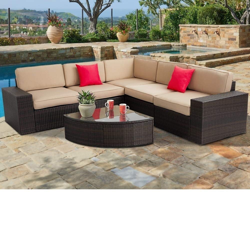 6-Piece Brown Wicker Outdoor Sectional Sofa Set with Wedge Table & Cushions - Patio, Garden, Backyard Furniture for Relaxing & Entertaining