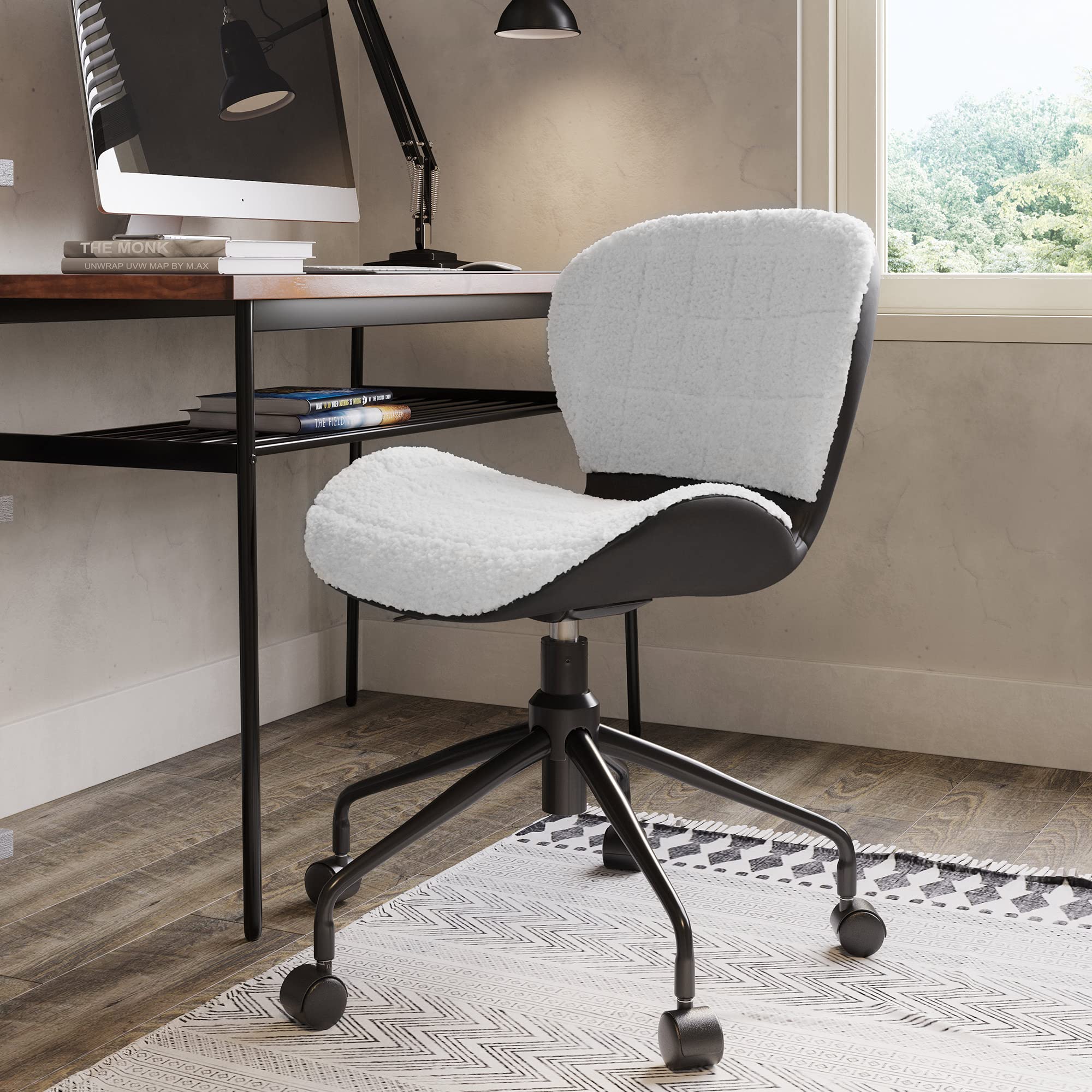 BELLEZE Modern Upholstered Wool Desk Chair with Swivel Wheels & Adjustable Height - Ergonomic Office Chair for Home Office, Gaming Desk & Vanity - Contemporary Rolling Task Chair in White & Black