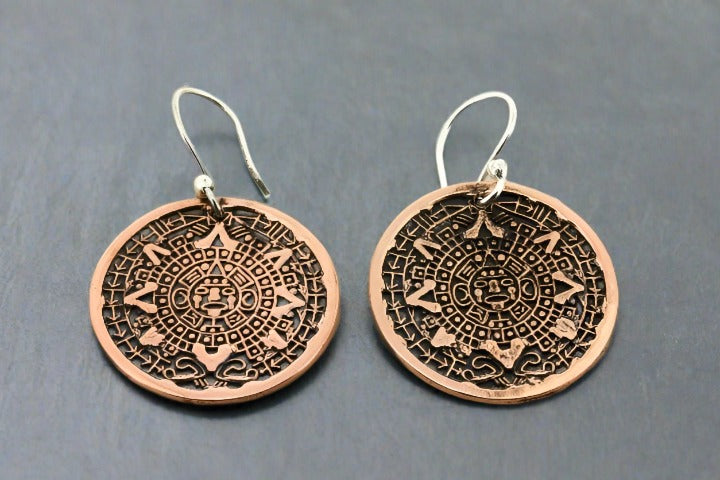 Handmade Mayan Calendar Earrings in Copper - Perfect for Boho, Ethnic & Festival Jewelry Styles
